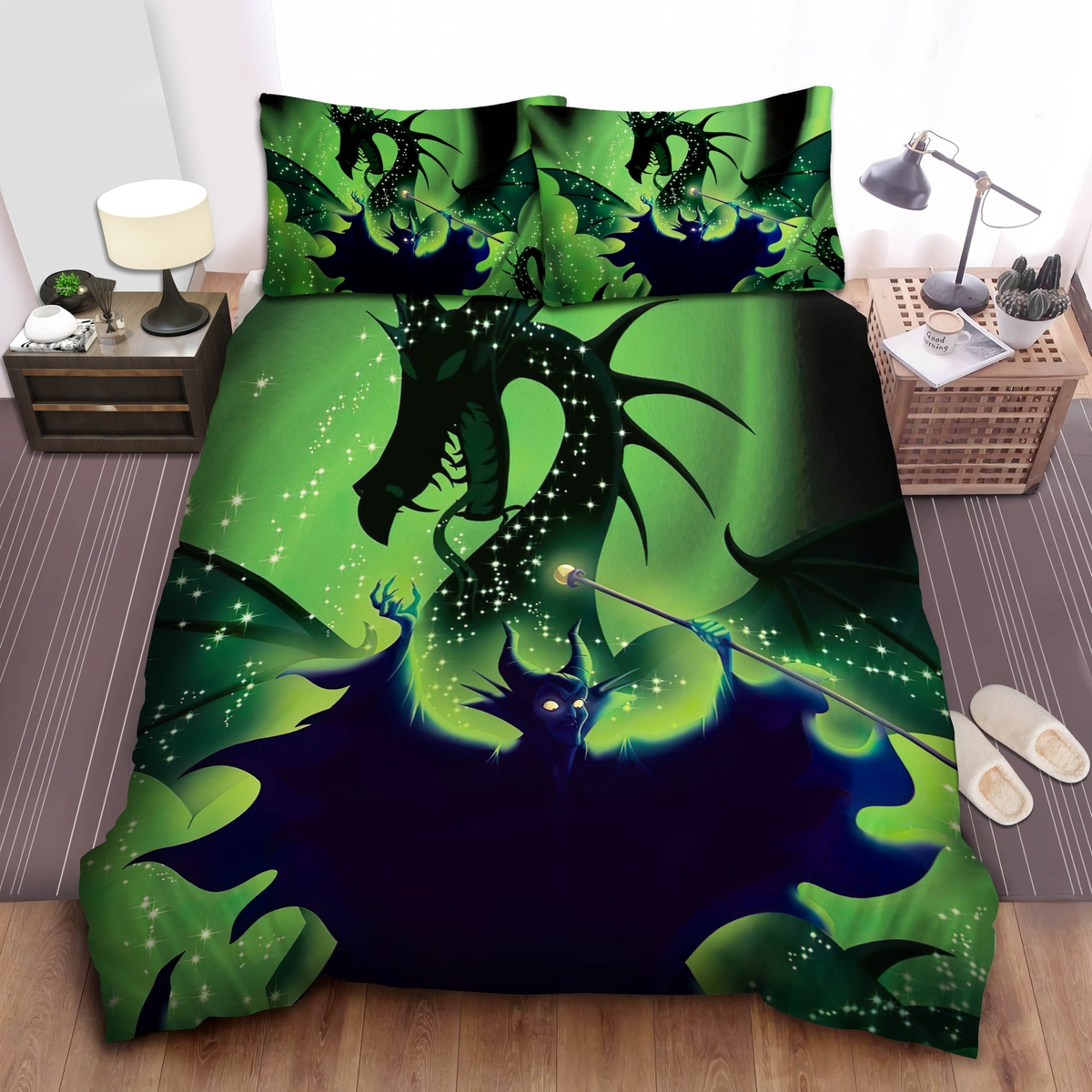 Maleficent Dragon Green Background Bed Sheets Spread Duvet Cover Bedding Set - Unique Anime Apparel for Fans