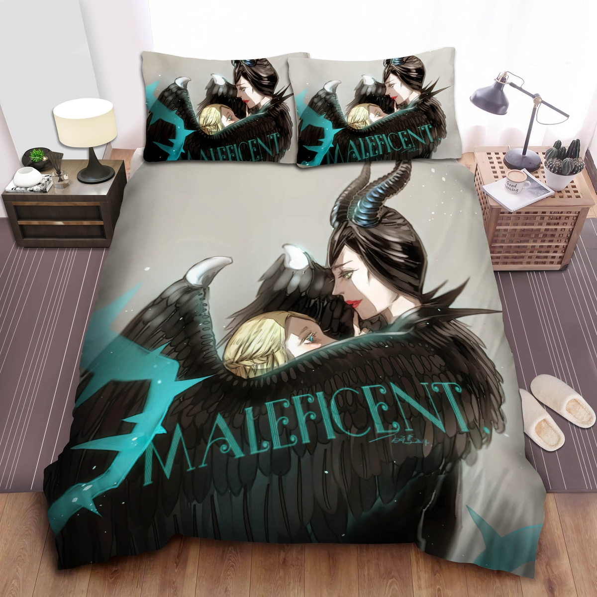 Maleficent Hugging Aurora By Wings Bed Sheets Spread Duvet Cover Bedding Set - Unique Anime Apparel for Fans