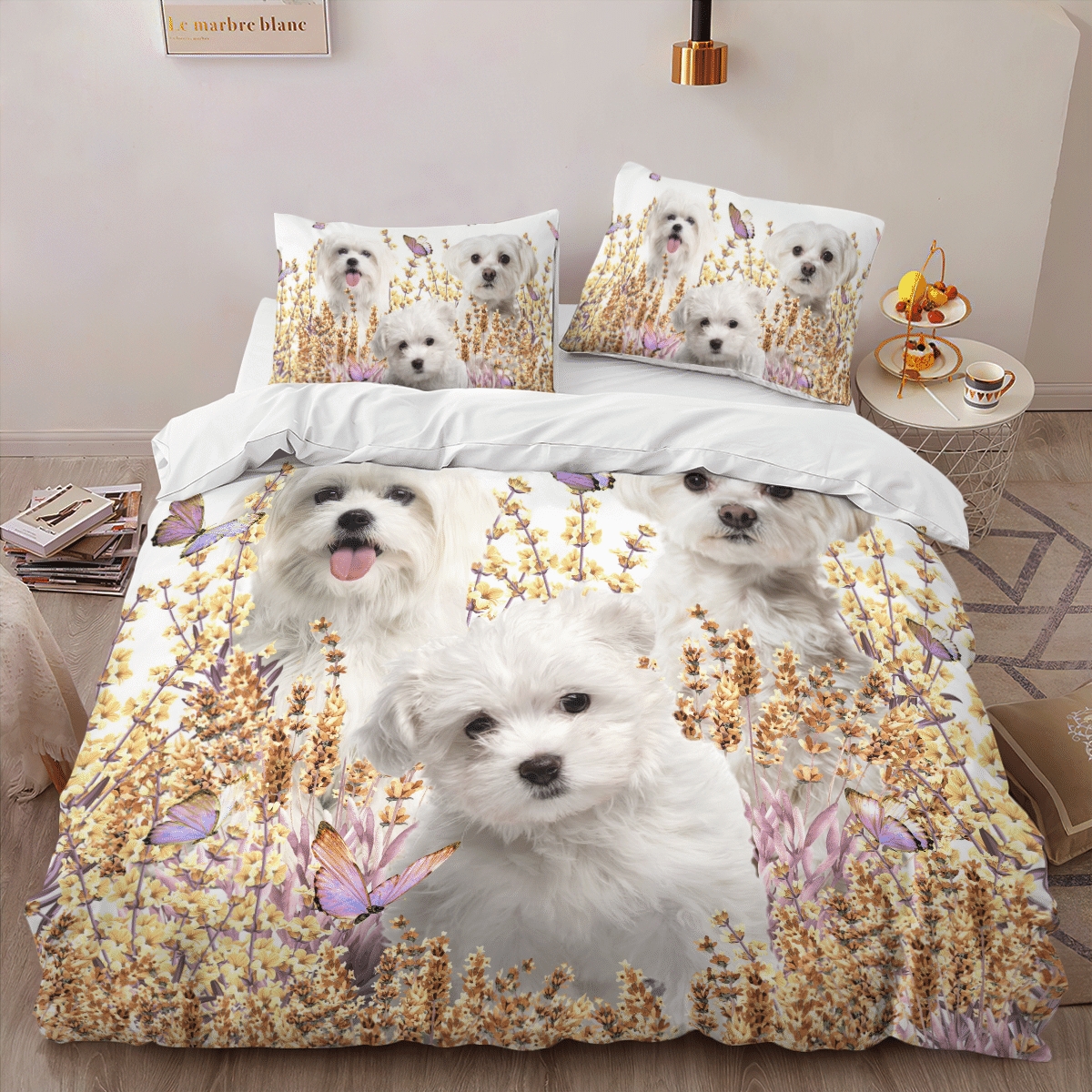 Maltese And Flower Bed Sheets Spread Duvet Cover Bedding Set - Unique Anime Apparel for Fans