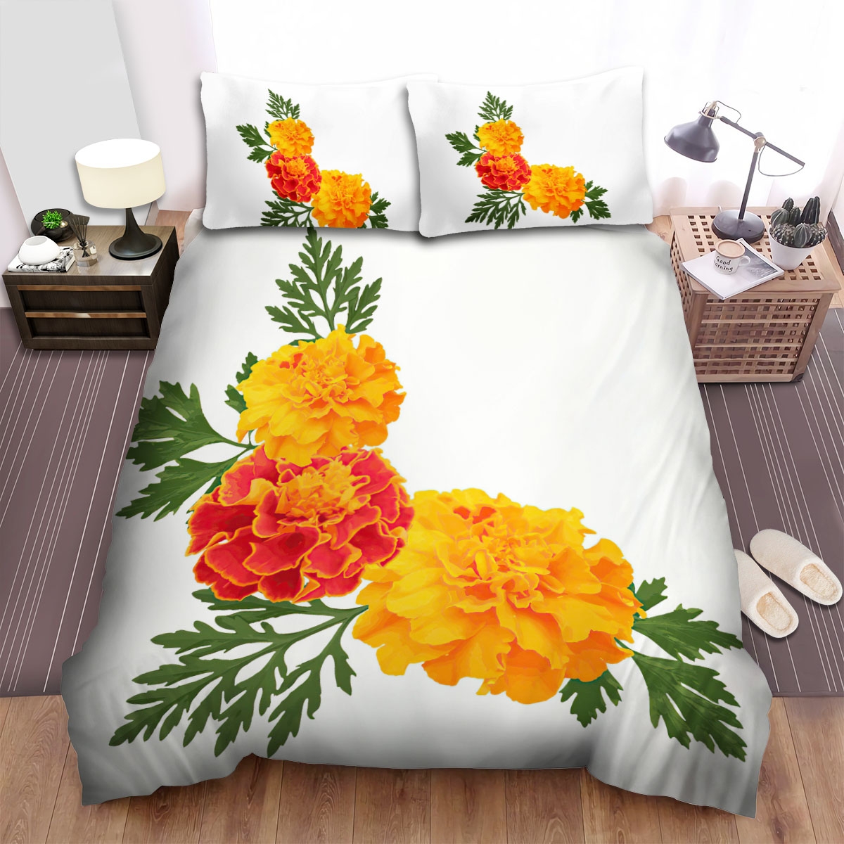 Marigolds On White Illustration Bed Sheets Spread Duvet Cover Bedding Set - Unique Anime Apparel for Fans