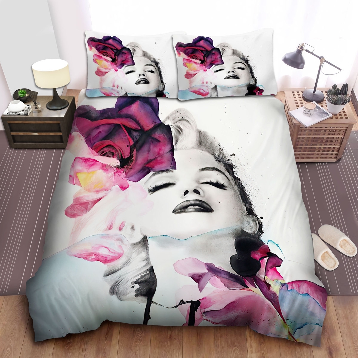 Marilyn Monroe & Roses In Watercolor Art Bed Sheets Spread Duvet Cover Bedding Set - Unique Anime Apparel for Fans