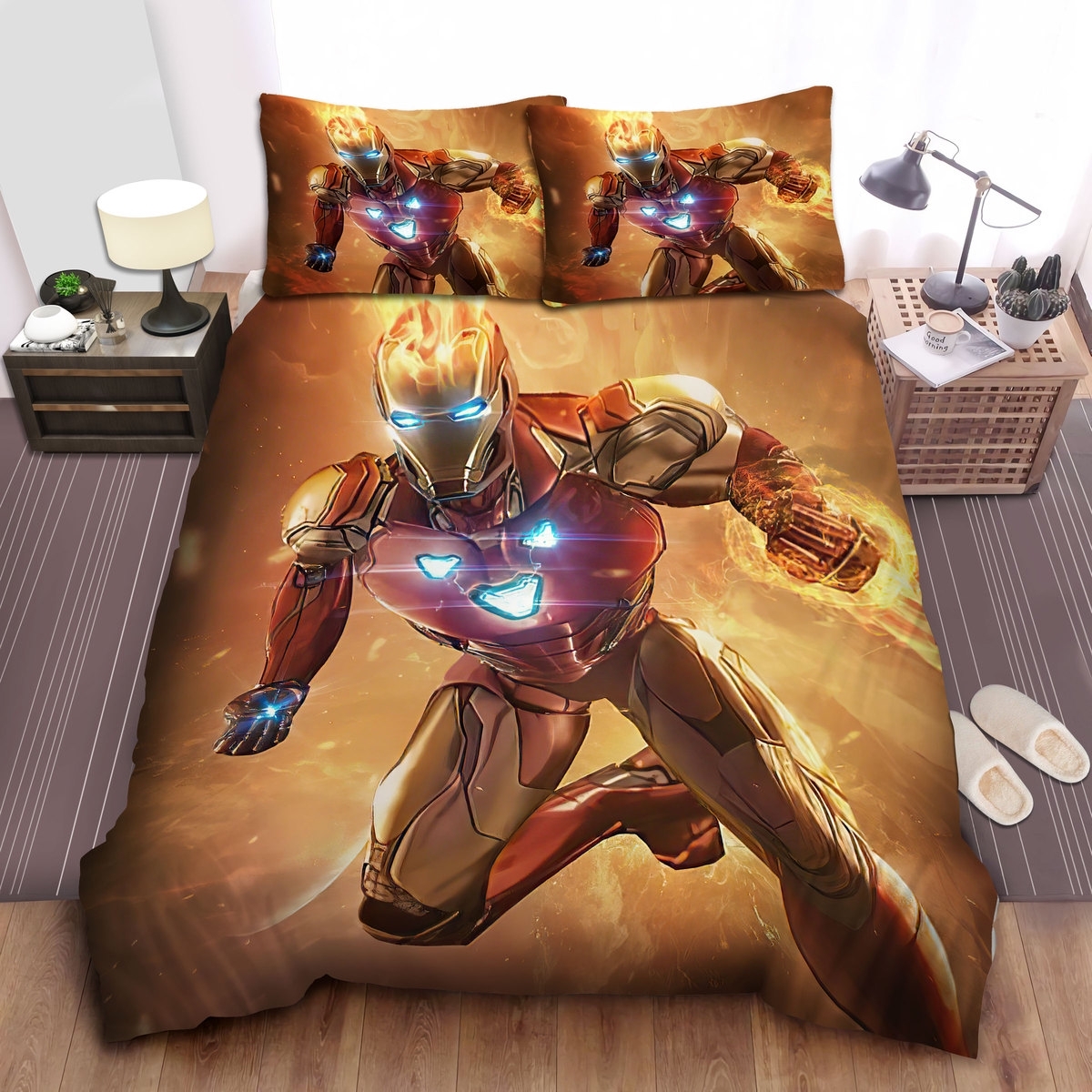 Marvel Iron Man In Flames Illustration Bed Sheets Spread Duvet Cover Bedding Set - Unique Anime Apparel for Fans
