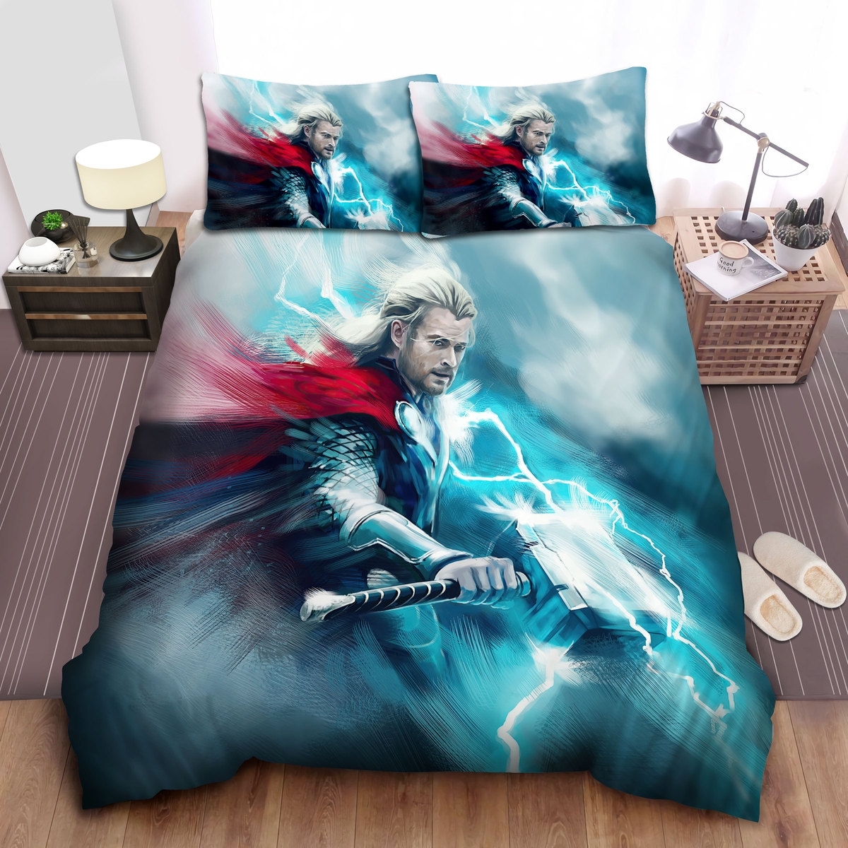 Marvel Thor God Of Thunder Acrylic Painting Bed Sheets Spread Duvet Cover Bedding Set - Unique Anime Apparel for Fans