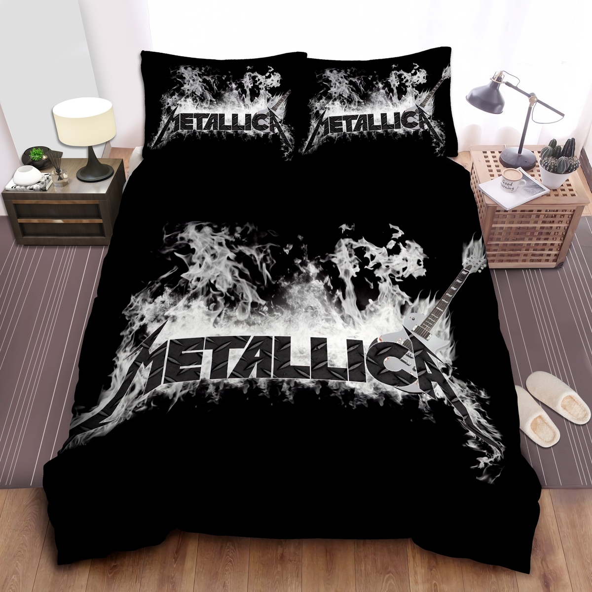 Metallica Black And White Flaming Logo Bed Sheet Spread Duvet Cover Bedding Set - Unique Anime Apparel for Fans