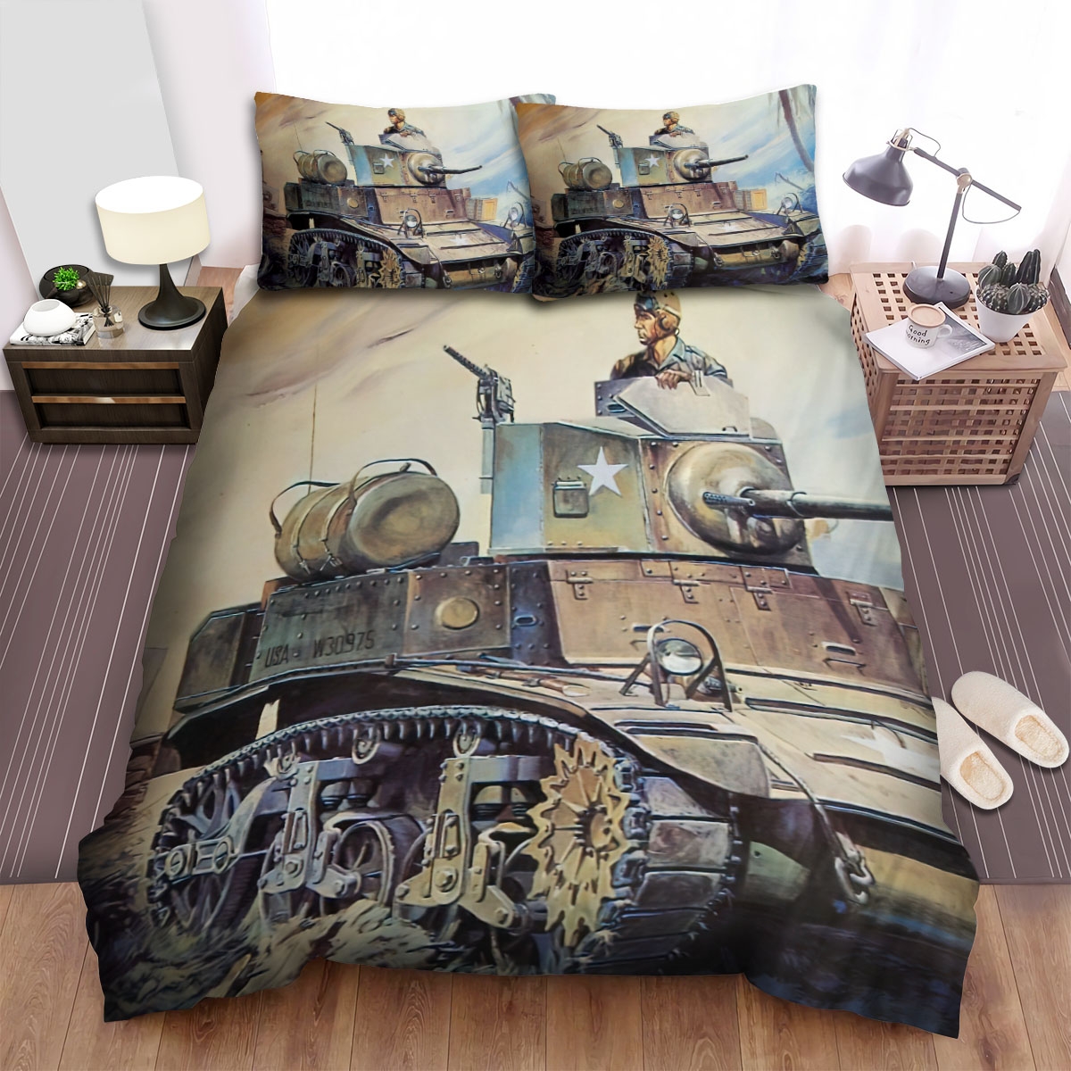 Military Weapon In Ww2, M3 Stuart Us Tank Art Bed Sheets Spread Duvet Cover Bedding Set - Unique Anime Apparel for Fans