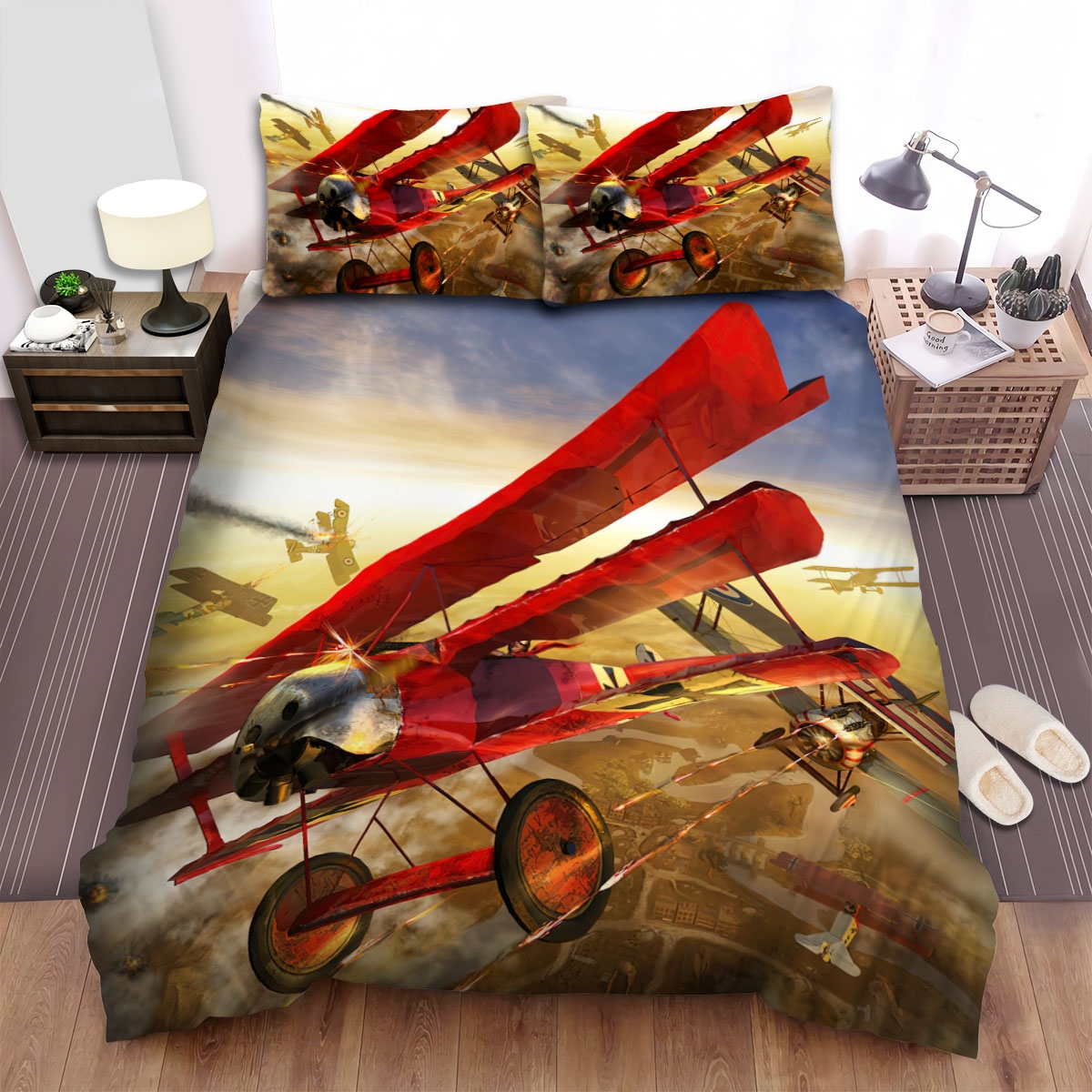 Military Weapon Ww1 German Empire Plane - Red Baron Being Chased Bed Sheets Spread Duvet Cover Bedding Set - Unique Anime Apparel for Fans