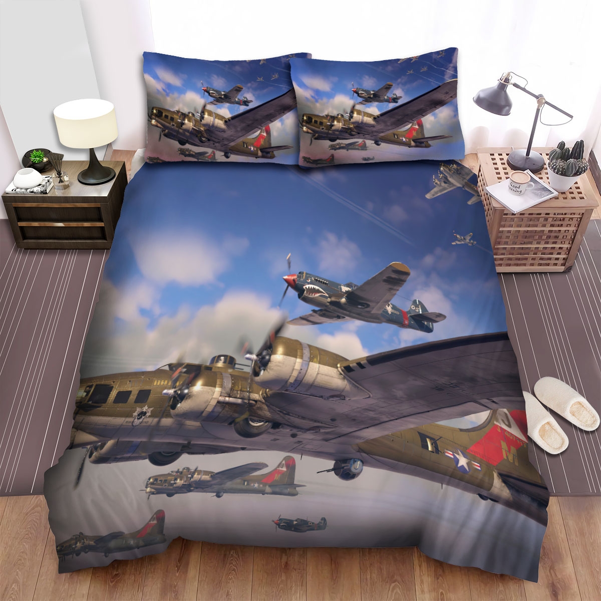Military Weapon Ww2, Us Plane B17 And Fighter Planes Bed Sheets Spread Duvet Cover Bedding Set - Unique Anime Apparel for Fans