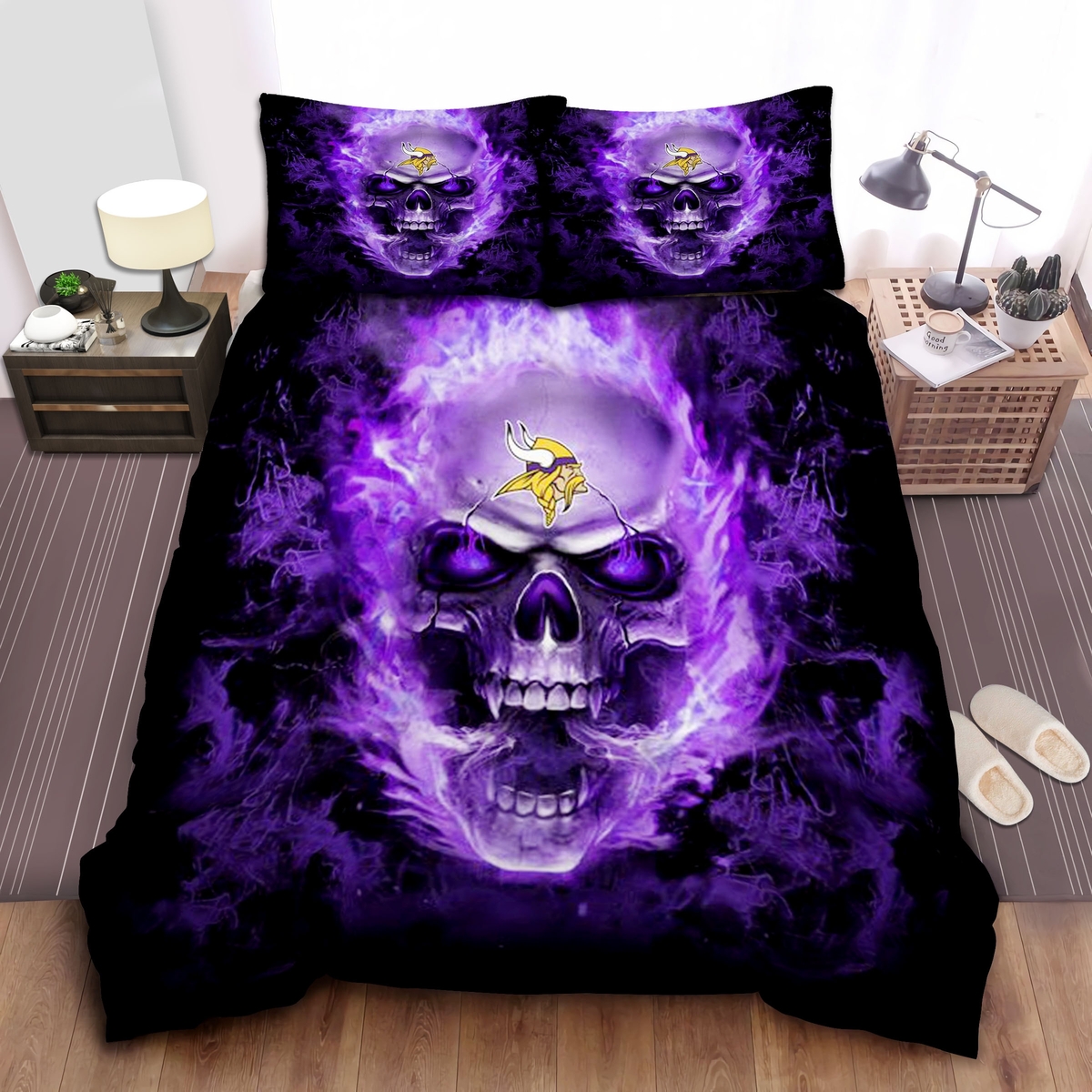 Minnesota Vikings Skull Bed Sheets Spread Duvet Cover Bedding Set Ver 2 - Unique Anime Apparel for Fans
