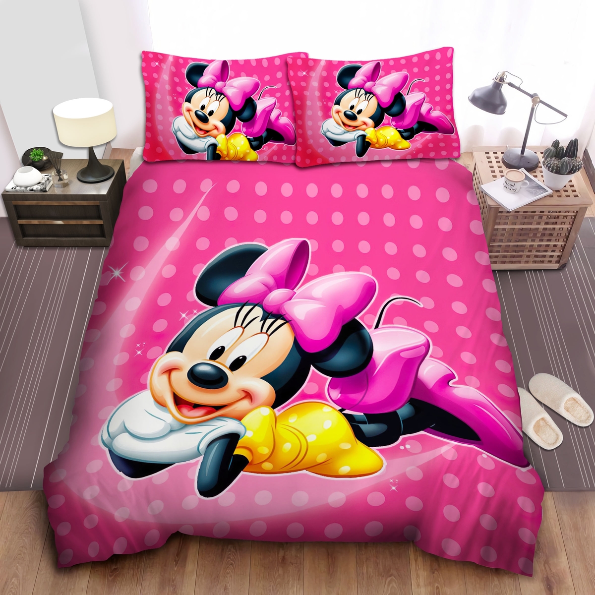 Minnie Mouse In Yellow Polka Dot Dress Bed Sheets Spread Duvet Cover Bedding Set - Unique Anime Apparel for Fans