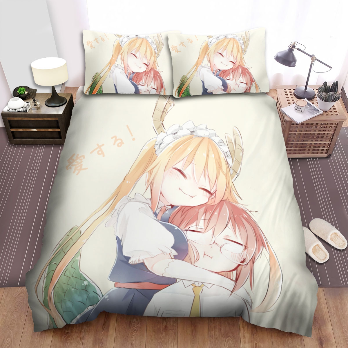 Miss Kobayashi's Dragon Maid Tohru Hugging Kobayashi Bed Sheets Spread Comforter Duvet Cover Bedding Set - Unique Anime Apparel for Fans
