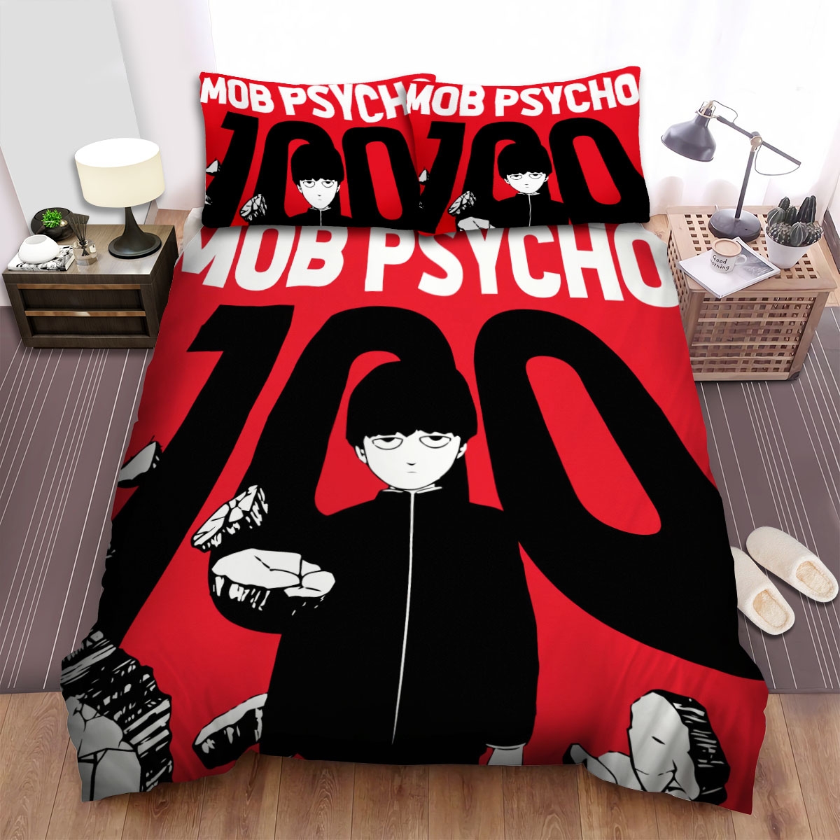 Mob Psycho 100 Mob In Black And White With Red Background Bed Sheets Spread Comforter Duvet Cover Bedding Set - Unique Anime Apparel for Fans