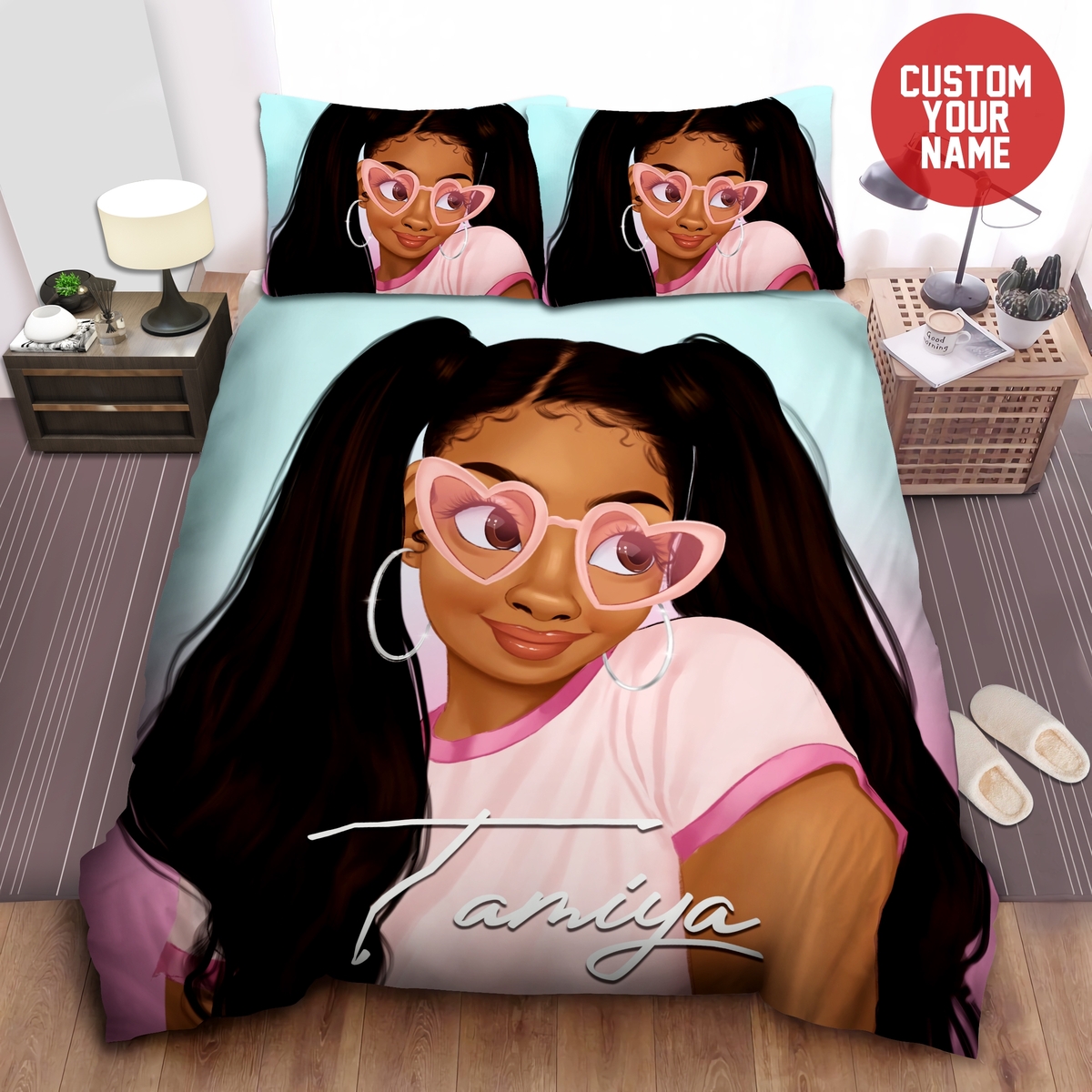 Naughty Black Teen Girl Pink Ponytail Custom Name Duvet Cover Bedding Set - Unique Anime Apparel for Fans