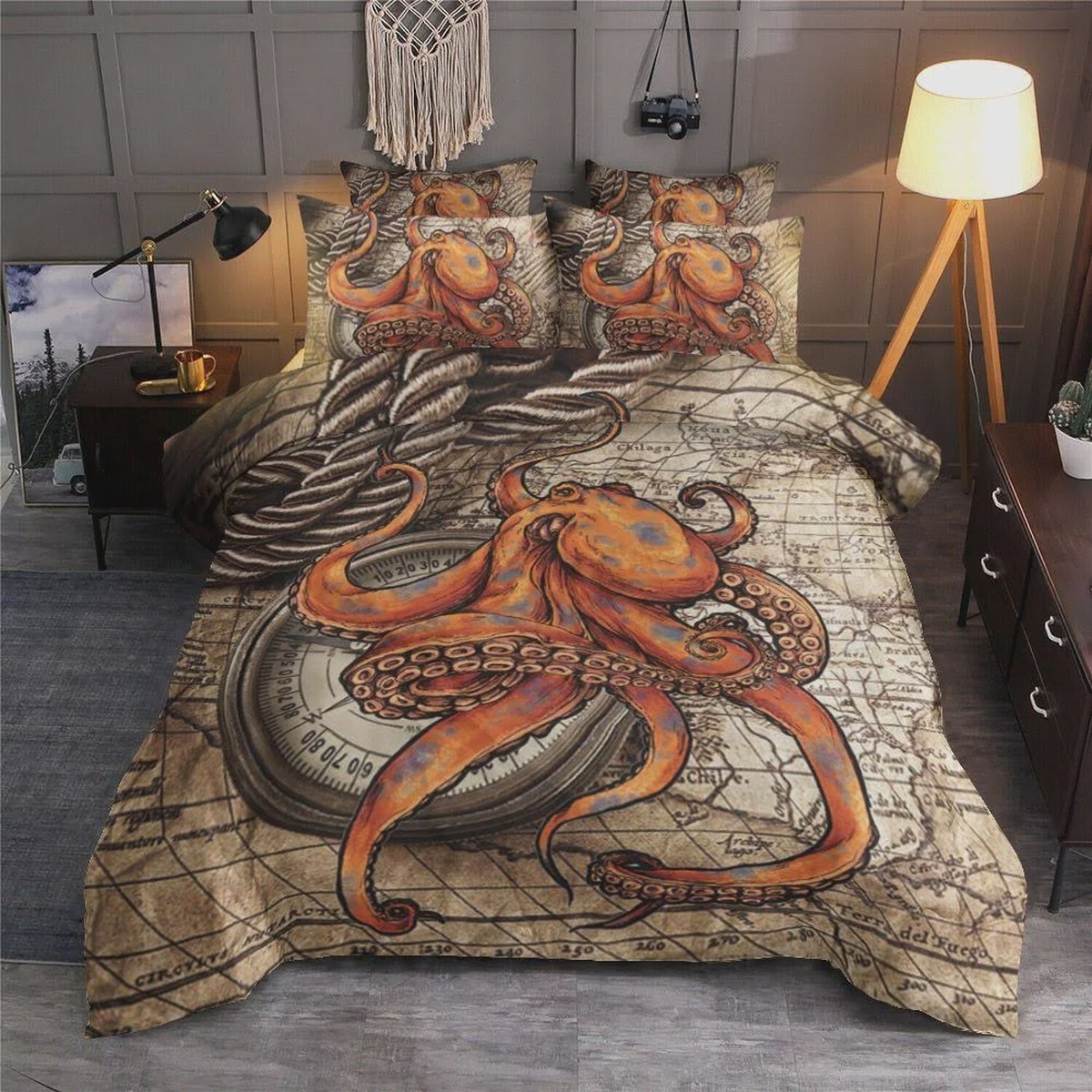 Octopus Vintage Map And Orange Octopus Bed Sheets Spread Duvet Cover Bedding Set - Unique Anime Apparel for Fans