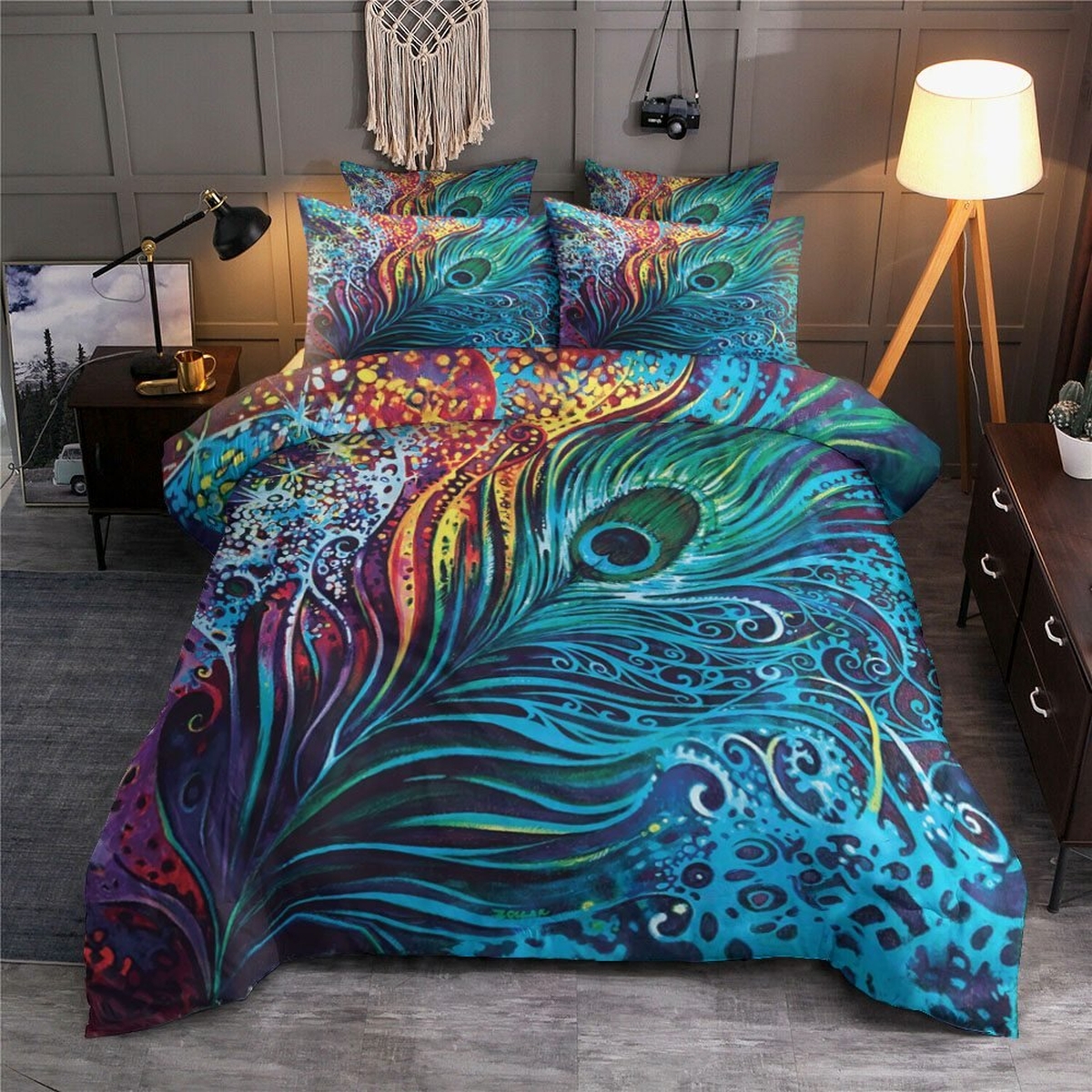 Peacock Feather Painting Bedding Set (Duvet Cover & Pillow Cases) - Unique Anime Apparel for Fans