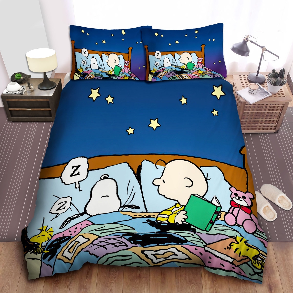 Peanuts Charlie Brown Snoopy & Woodstock Sleeping Together Bed Sheets Spread Duvet Cover Bedding Set - Unique Anime Apparel for Fans
