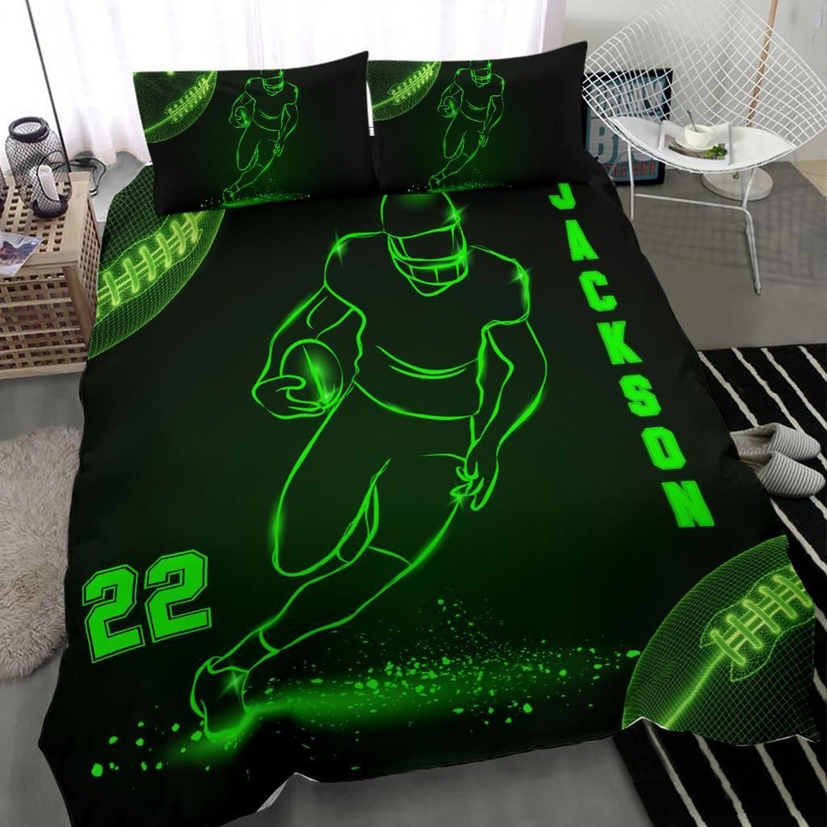Personalized American Football Green Light Black Bed Sheets Spread Duvet Cover Bedding Set Perfect Gifts For American Football Lover - Unique Anime Apparel for Fans