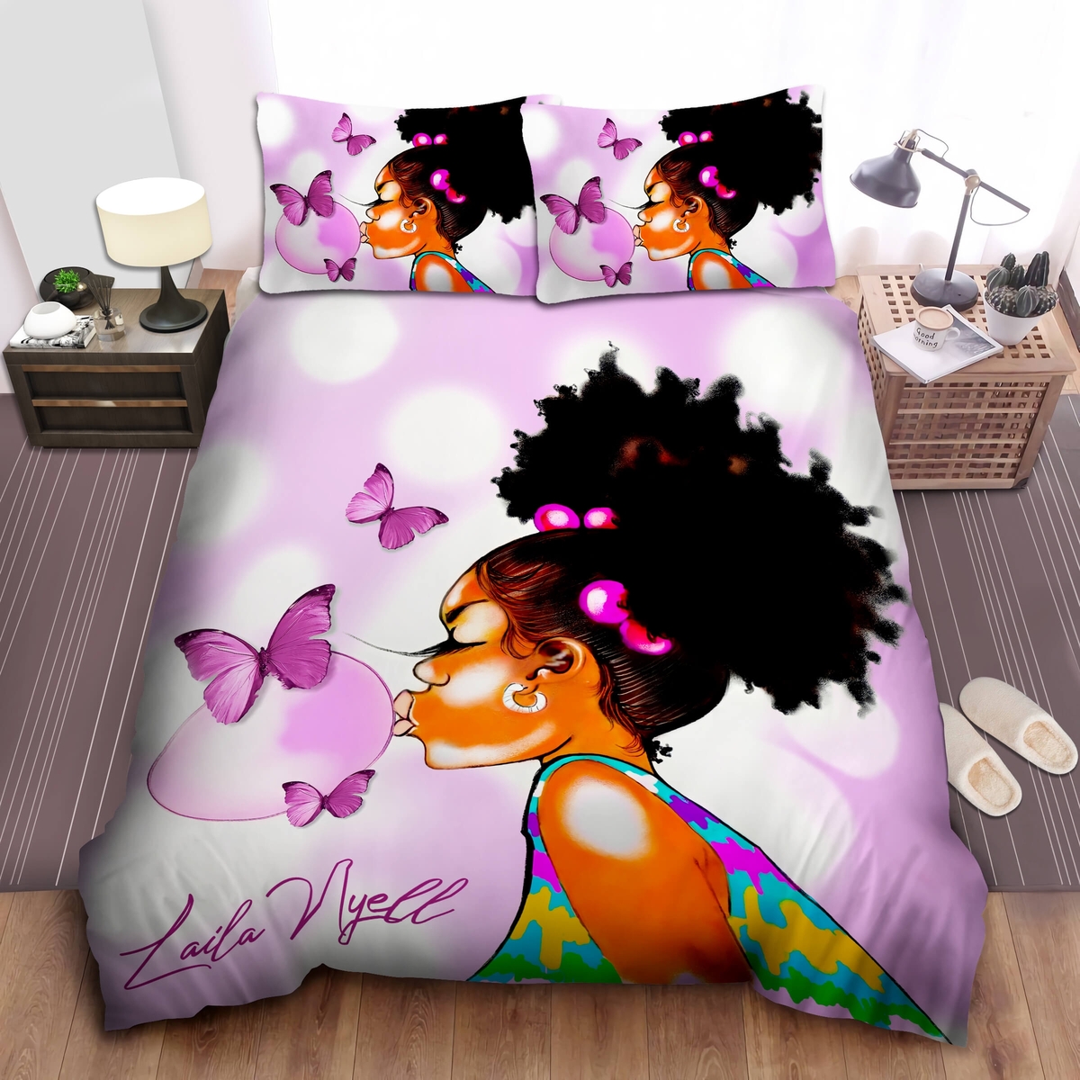 Personalized Black Little Girl Bubble Butterfly Custom Name Duvet Cover Bedding Set - Unique Anime Apparel for Fans