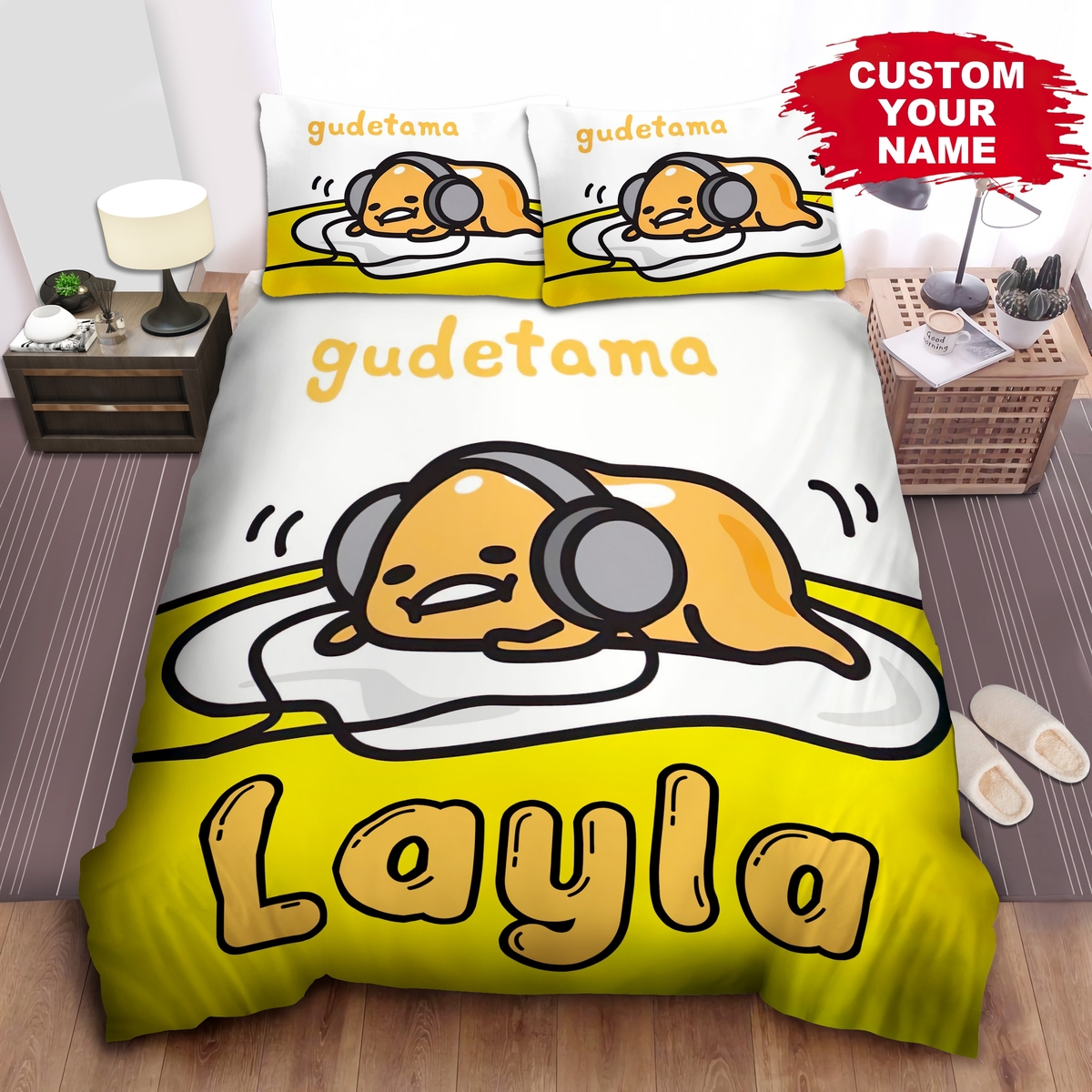 Personalized Gudetama Wearing A Headphones Bed Sheets Spread Duvet Cover Bedding Set - Unique Anime Apparel for Fans