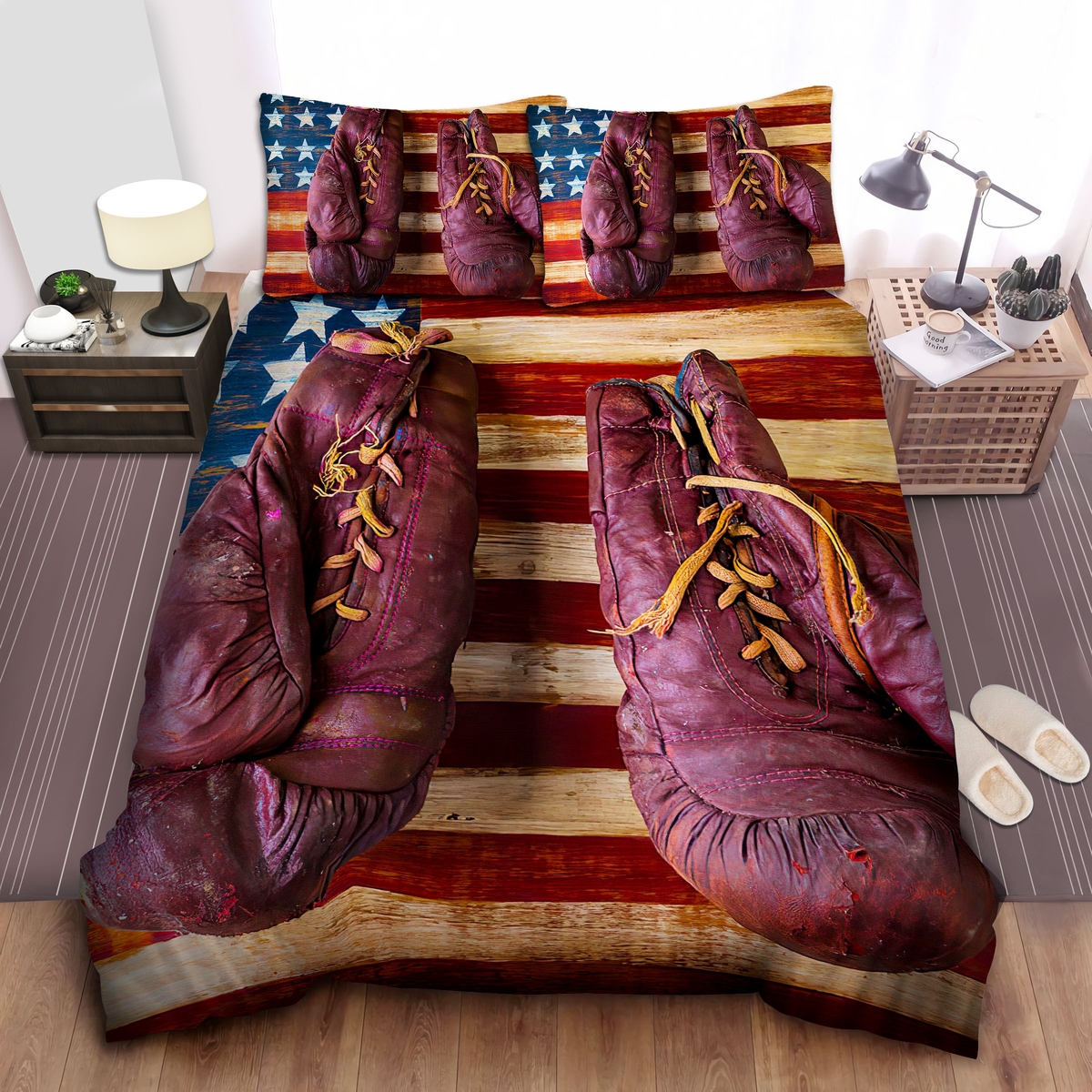 Personalized Vintage Boxing Gloves & American Flag Photograph Bed Sheets Spread Comforter Duvet Cover Bedding Set - Unique Anime Apparel for Fans
