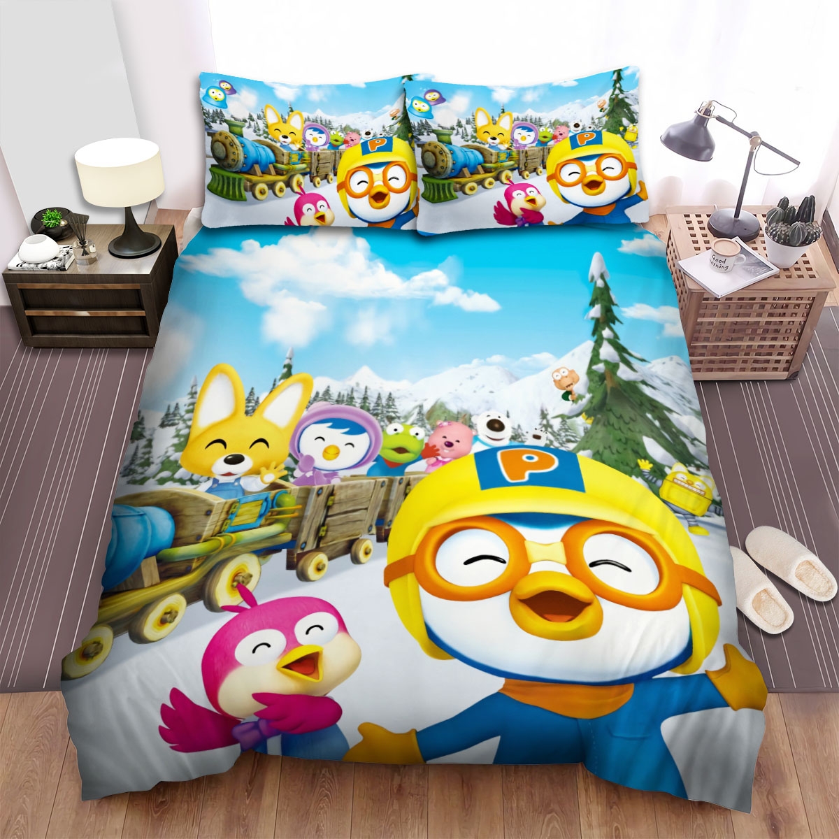 Pororo The Little Penguin And Friends Happy Train Bed Sheets Spread Duvet Cover Bedding Set - Unique Anime Apparel for Fans