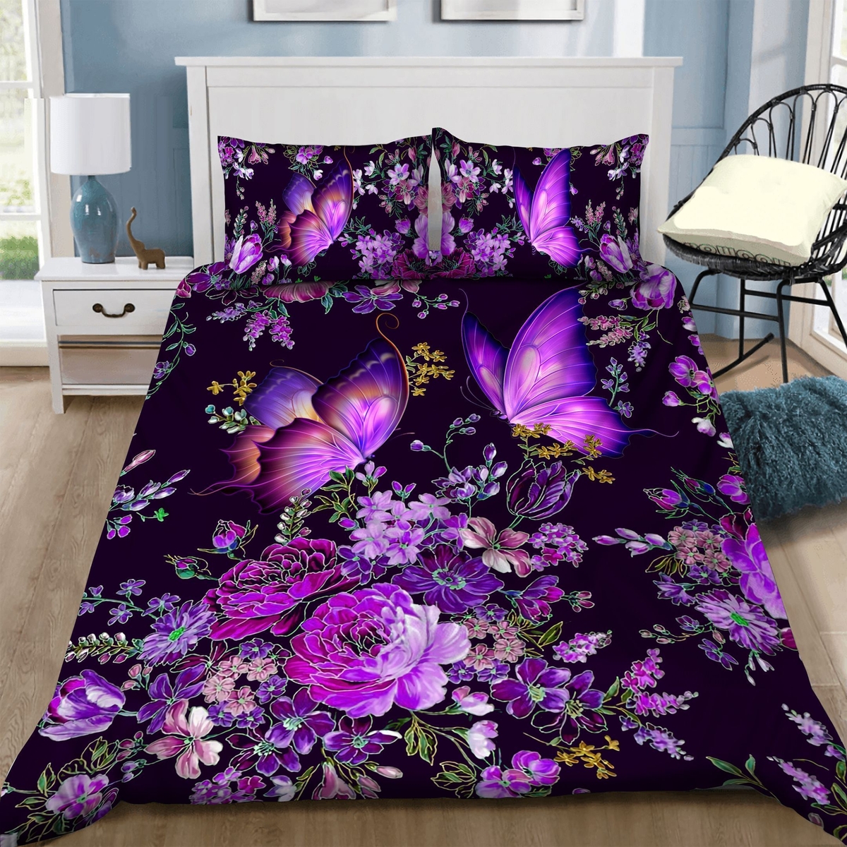 Purple Butterfly And Flowers In Digital Art Bed Sheets Spread Duvet Cover Bedding Set - Unique Anime Apparel for Fans