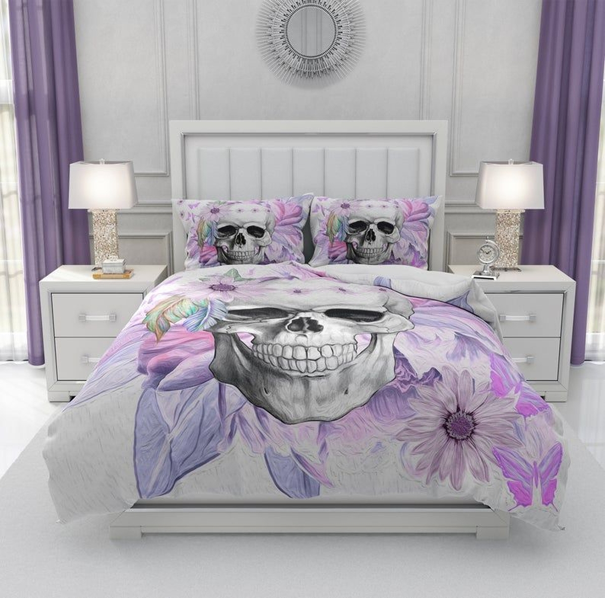 Purple Floral Boho Skull Bed Sheets Spread Duvet Cover Bedding Set - Unique Anime Apparel for Fans