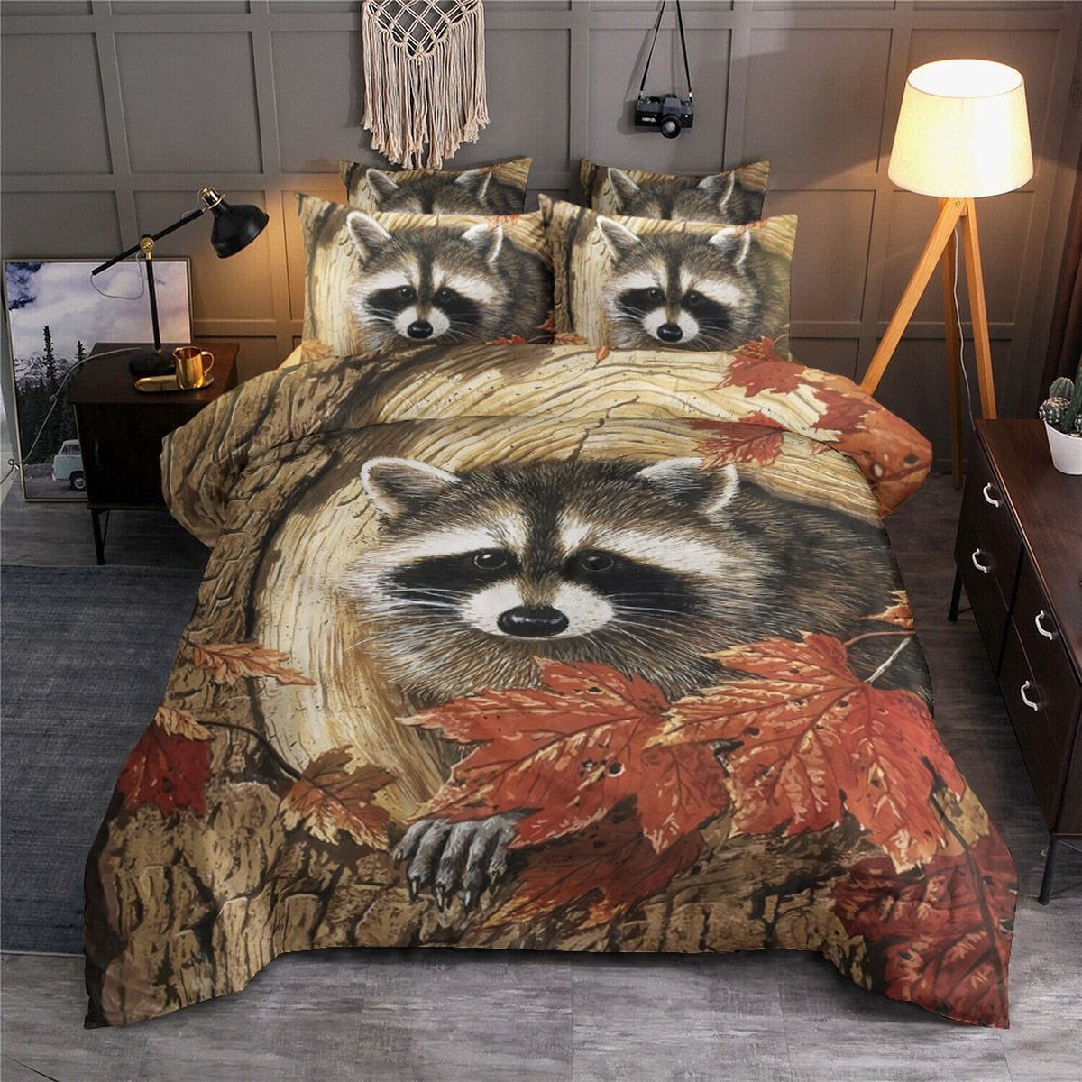 Raccoon Atumn Leaves Bed Sheets Spread Comforter Duvet Cover Bedding Set Perfect Gifts For Raccoon Lover Gifts For Birthday Christmas Thanksgiving - Unique Anime Apparel for Fans
