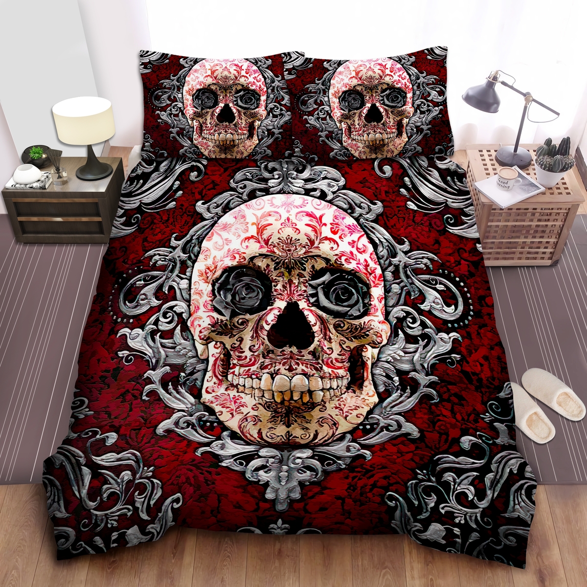 Red & Black Skull Bed Sheets Spread Duvet Cover Bedding Set - Unique Anime Apparel for Fans