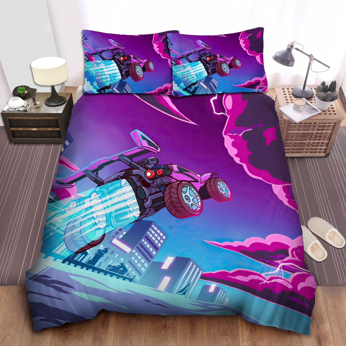 Rocket League Octane Cool Flying Into The Thunder Storm Art Bed Sheets Spread Duvet Cover Bedding Set - Unique Anime Apparel for Fans