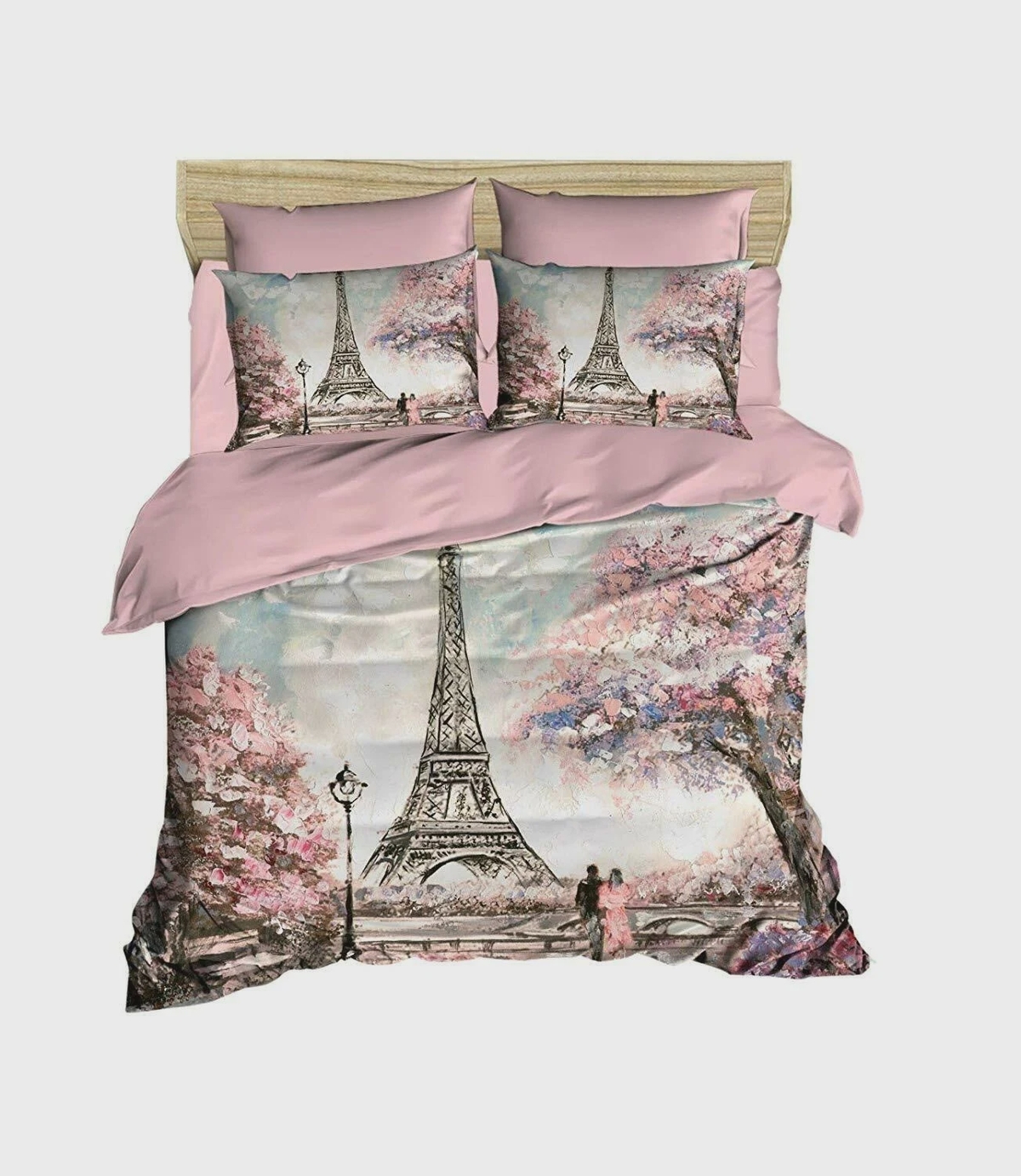 Romance Couple With Eiffel Tower In Paris Bed Sheets Spread Duvet Cover Bedding Set - Unique Anime Apparel for Fans