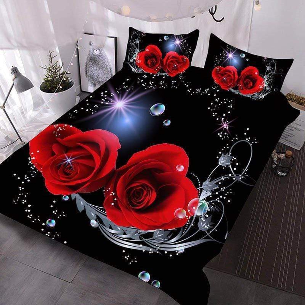 Romantic Red Rose In Black Background Duvet Cover Bedding Set - Unique Anime Apparel for Fans