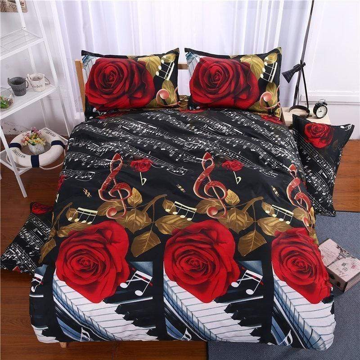 Romantic Red Rose Piano Music Lover Couple Duvet Cover Bedding Set - Unique Anime Apparel for Fans
