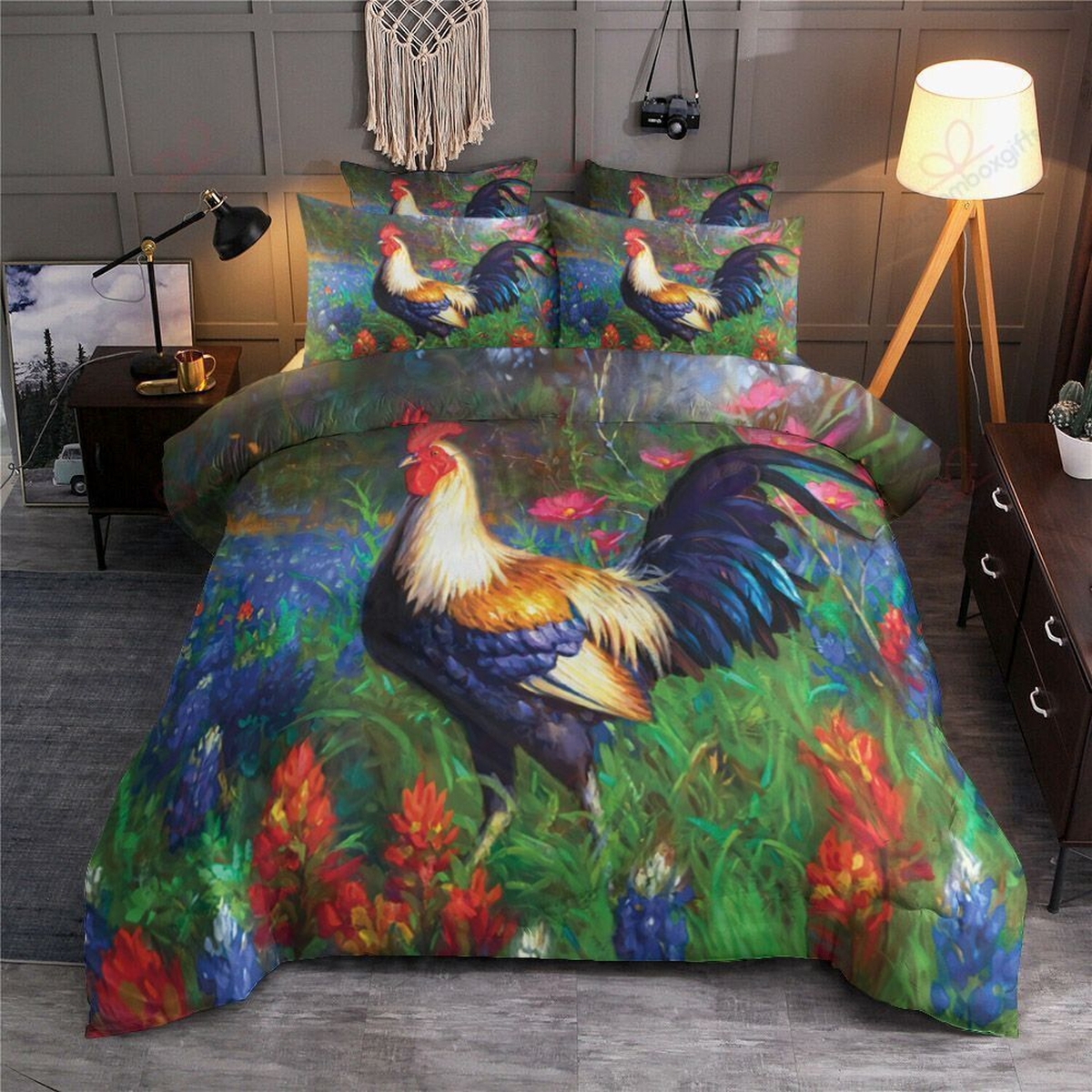 Rooster In The Flower Garden Bedding Set Bed Sheets Spread Duvet Cover Bedding Set - Unique Anime Apparel for Fans