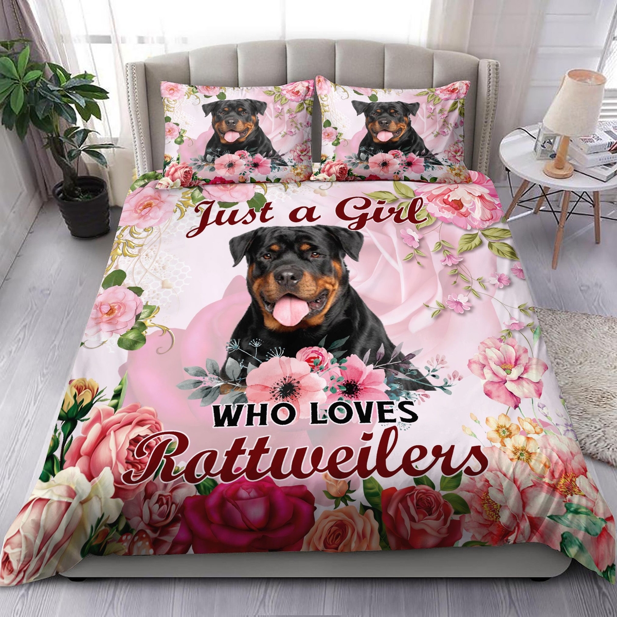 Rottweiler Just A Girl Who Loves Rottweiler Bedding Set Bed Sheets Spread Comforter Duvet Cover Bedding Set - Unique Anime Apparel for Fans