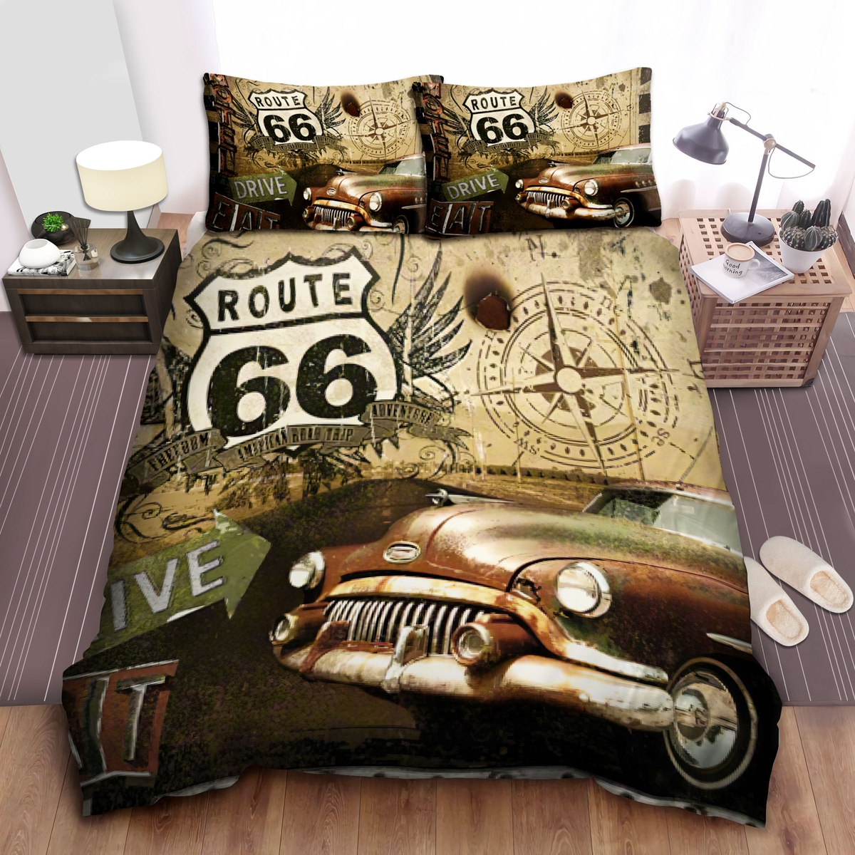 Route 66 Eat & Drive Bed Sheets Spread Comforter Duvet Cover Bedding Set - Unique Anime Apparel for Fans