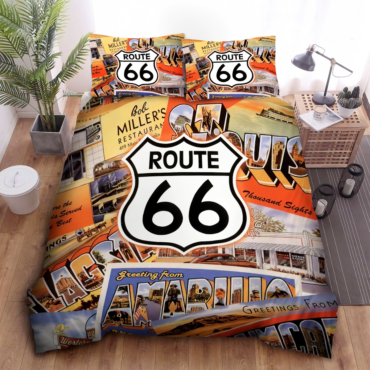 Route 66 Greeting Cards Illustration Bed Sheets Spread Duvet Cover Bedding Set - Unique Anime Apparel for Fans