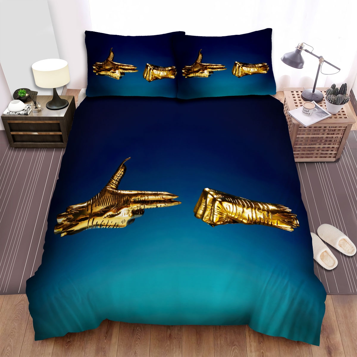 Run The Jewels Hands On The Blue Blackground Bed Sheets Spread Duvet Cover Bedding Set - Unique Anime Apparel for Fans