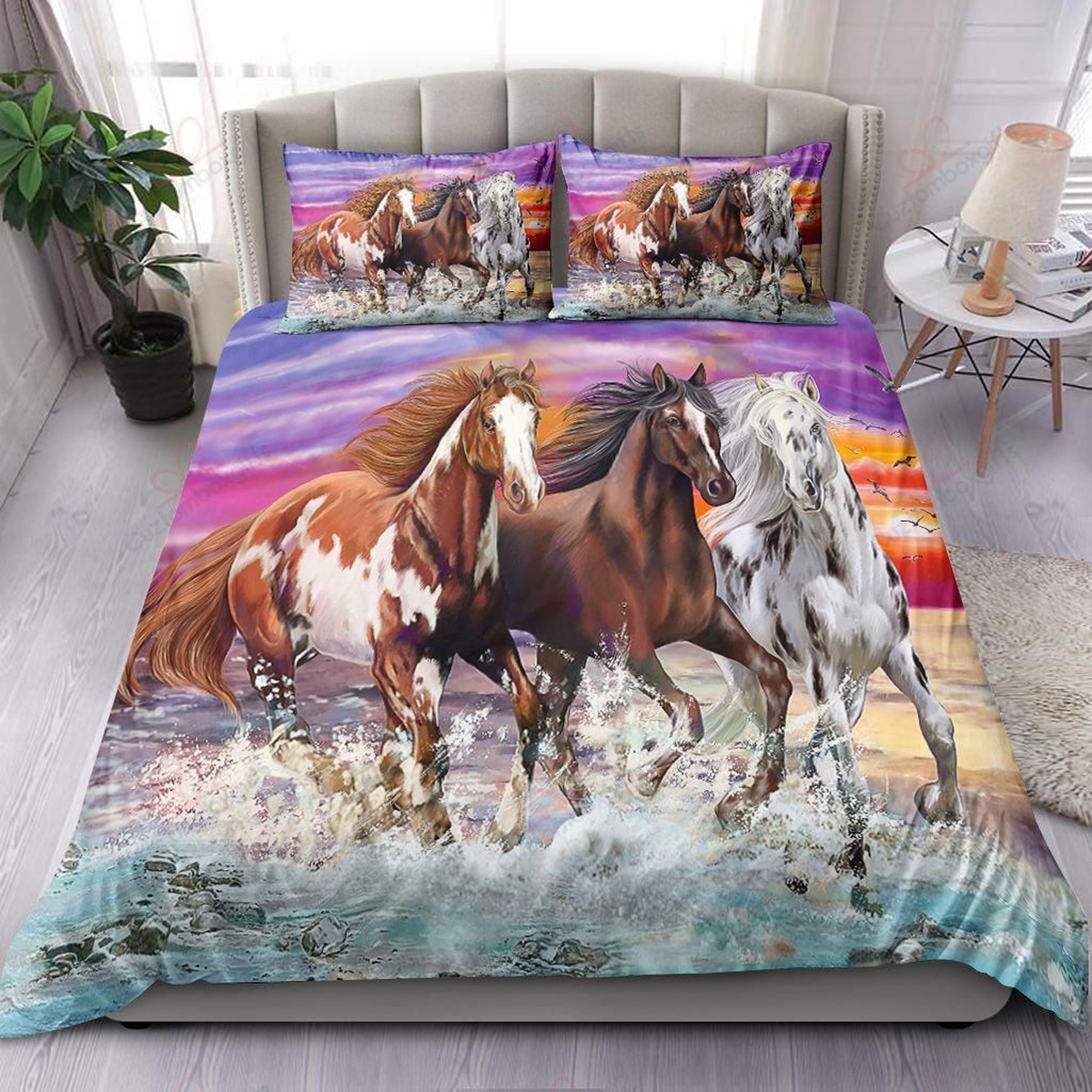 Running Horses At Sunset Bed Sheets Spread Duvet Cover Bedding Set - Unique Anime Apparel for Fans