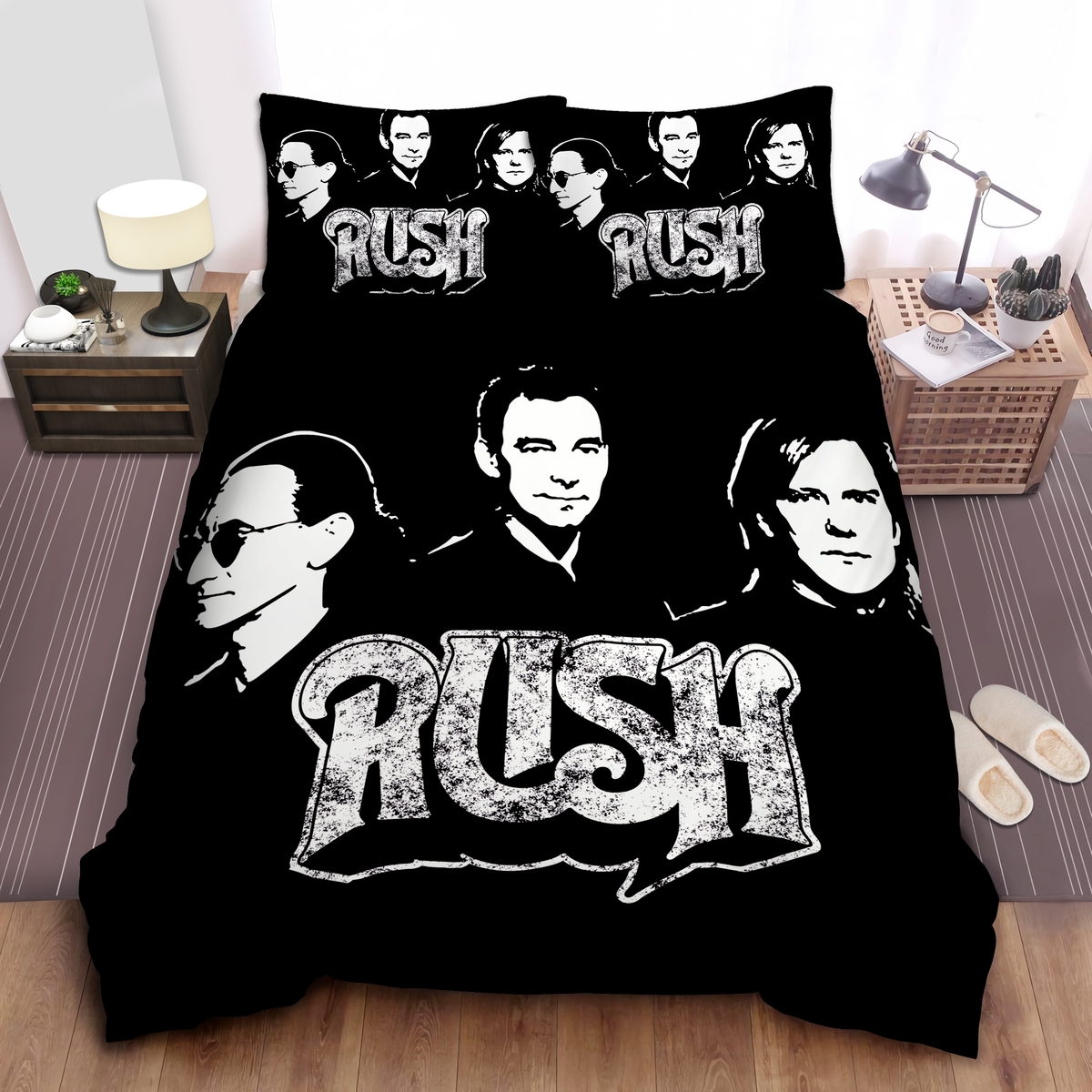 Rush Band In Black & White Illustration Bed Sheet Spread Duvet Cover Bedding Set - Unique Anime Apparel for Fans