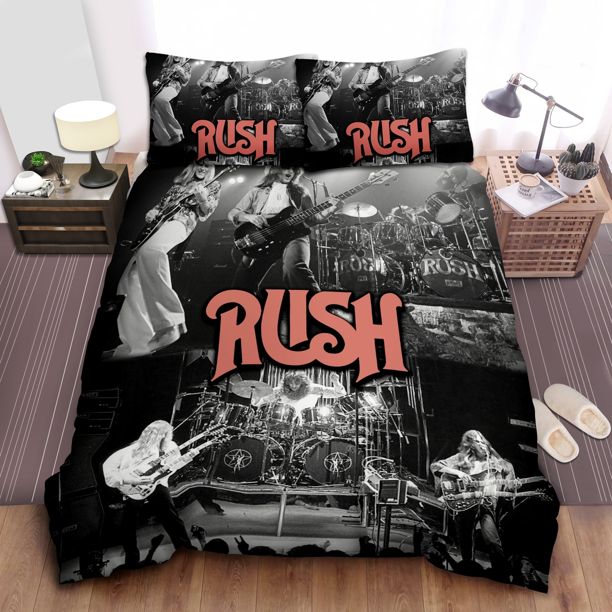 Rush Performing On Stage In Black & White Photo Bed Sheet Spread Duvet Cover Bedding Set - Unique Anime Apparel for Fans