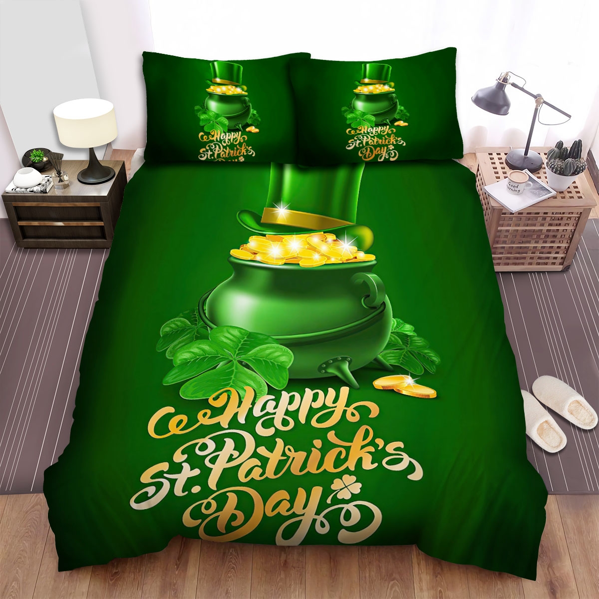 Saint Patrick's Day Pot Of Gold With Shamrock And Hat Bed Sheets Spread Comforter Duvet Cover Bedding Set - Unique Anime Apparel for Fans
