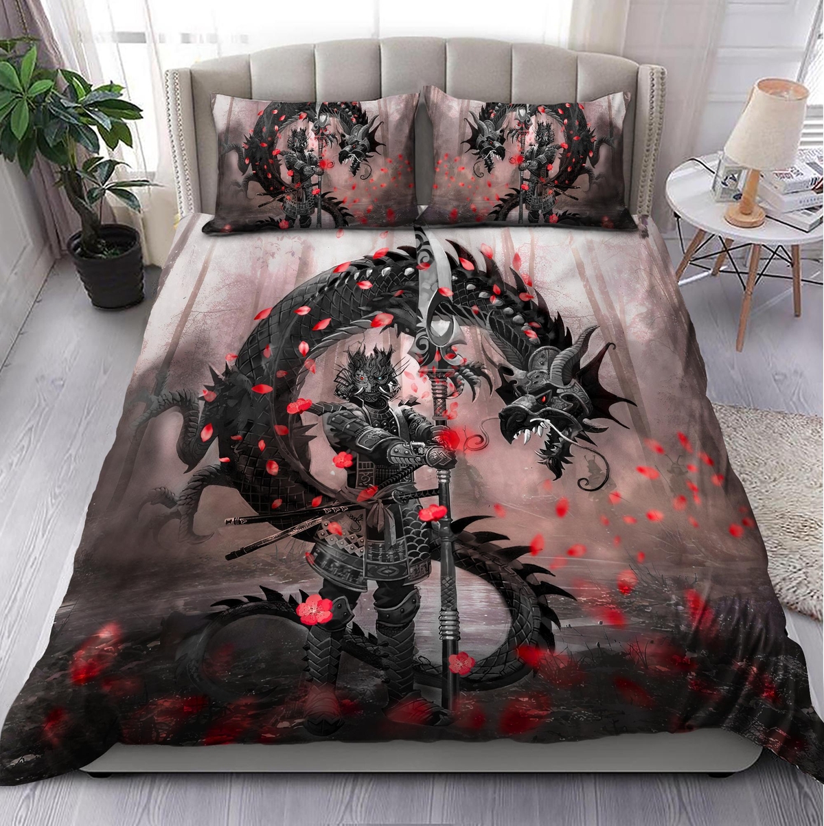 Samurai And Dragon Bed Sheets Spread Duvet Cover Bedding Set - Unique Anime Apparel for Fans