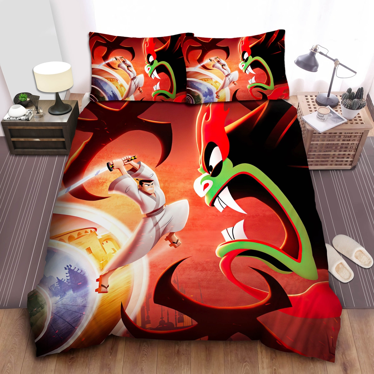 Samurai Jack Duels Aku In Battle Through Time Bed Sheet Spread Duvet Cover Bedding Set - Unique Anime Apparel for Fans