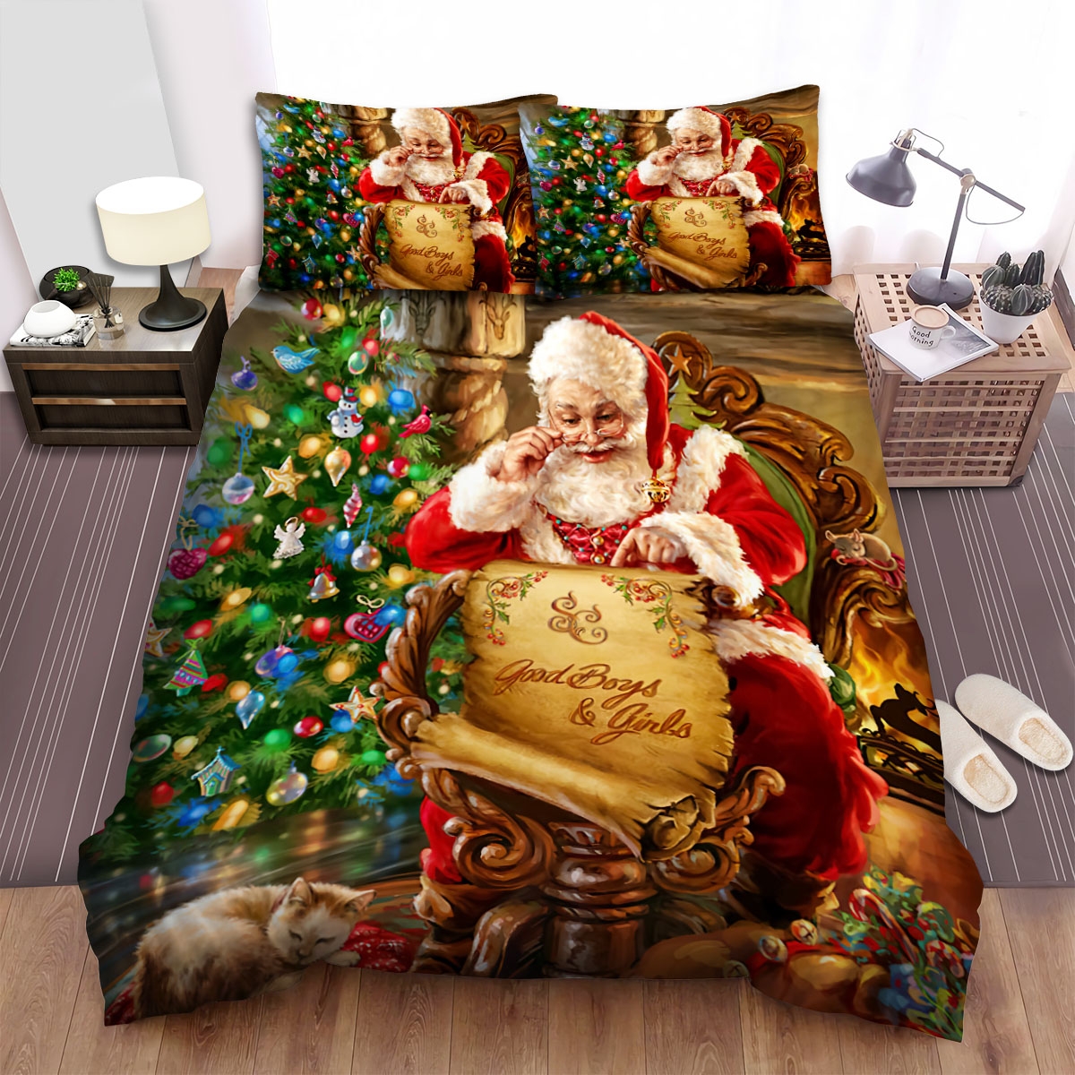 Santa Claus Reading His List Bed Sheets Spread Duvet Cover Bedding Set - Unique Anime Apparel for Fans