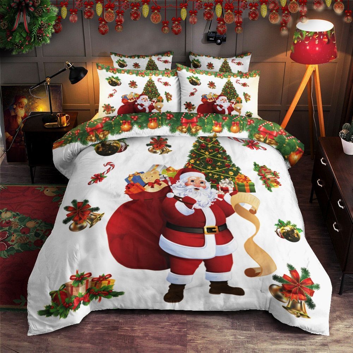 Santa Claus With Presents Merry Christmas Bed Sheets Spread Duvet Cover Bedding Set Perfect Gifts For Santa Clause Lover Gifts For Birthday Christmas Thanksgiving - Unique Anime Apparel for Fans