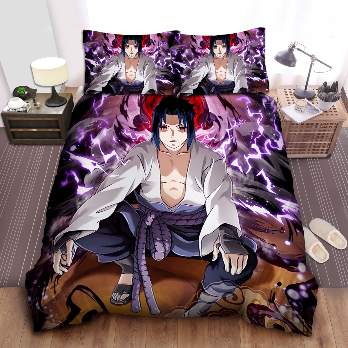 Sasuke With Power Of Sharingan Artwork Bed Sheet Spread Duvet Cover Bedding Set - Unique Anime Apparel for Fans