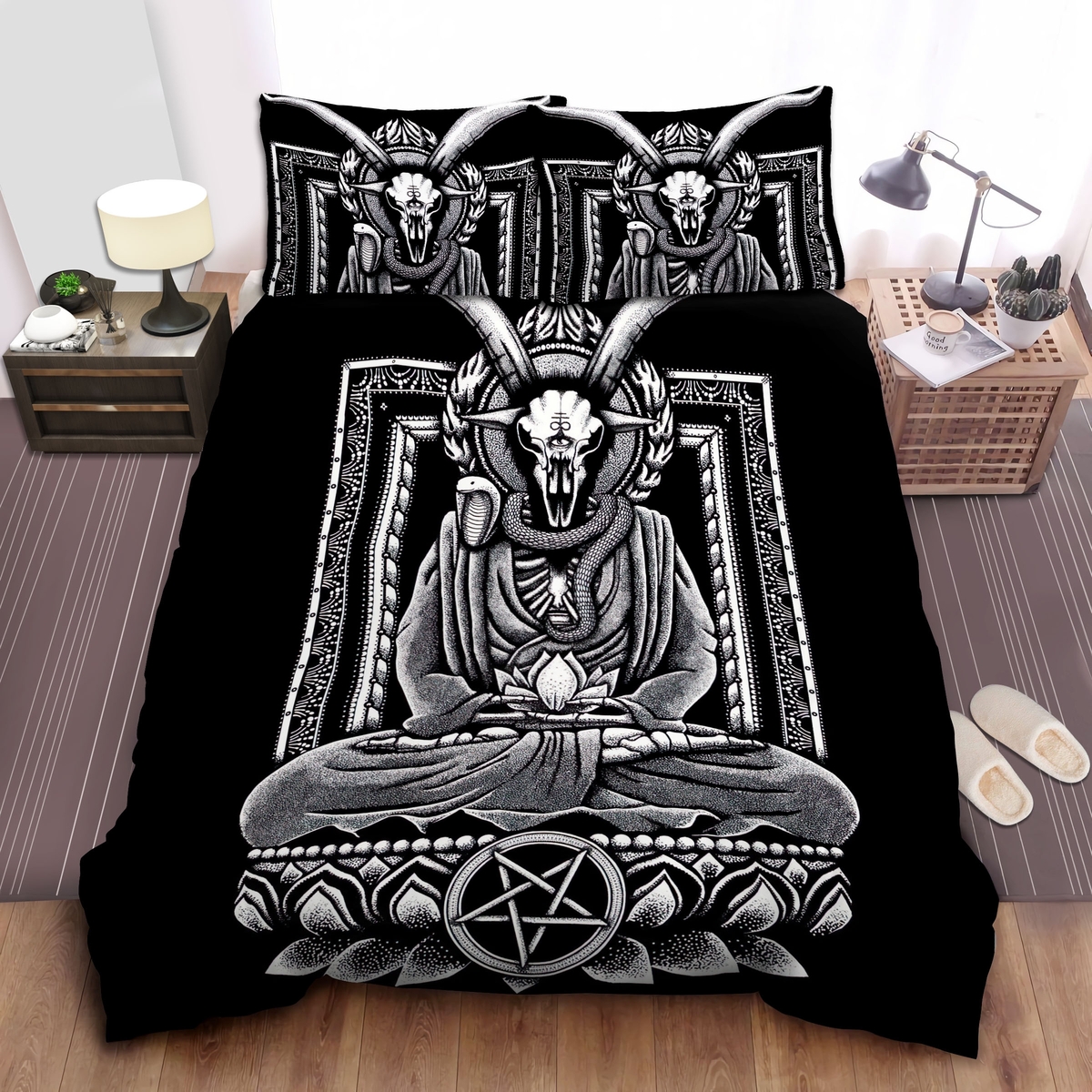 Satan Dressing Like Baphomet Buddha Bed Sheets Spread Comforter Duvet Cover Bedding Set - Unique Anime Apparel for Fans