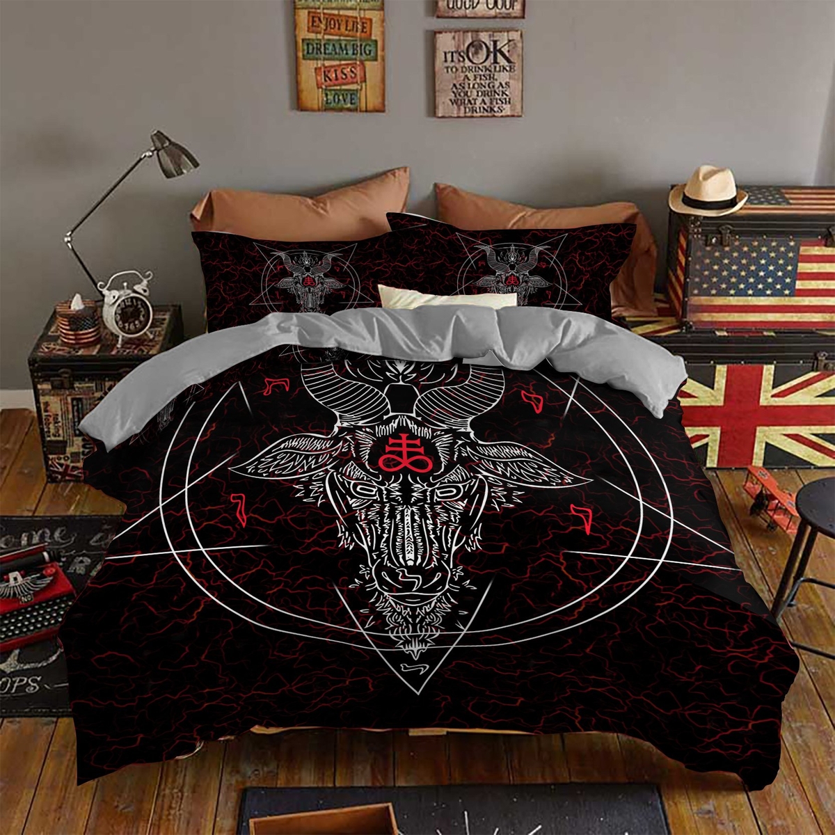 Satanic Dark Grayish Brown Bed Sheets Spread Duvet Cover Bedding Set - Unique Anime Apparel for Fans