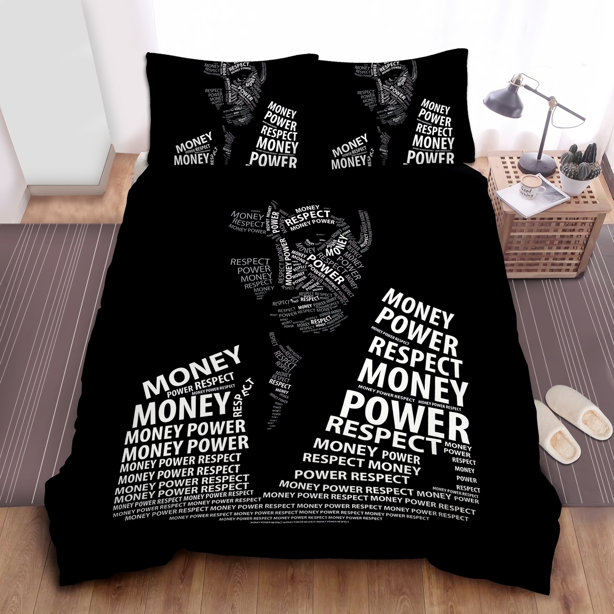 Scarface Money Power Respect Typographic Artwork Bed Sheets Spread Duvet Cover Bedding Set - Unique Anime Apparel for Fans