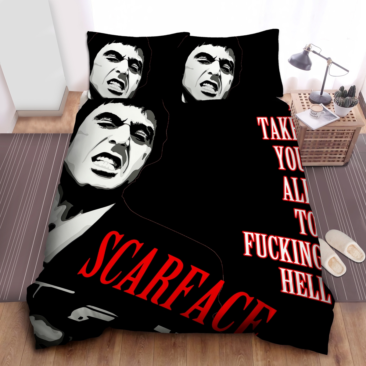 Scarface Say Hello To My Little Friend Illustration Bed Sheets Spread Duvet Cover Bedding Set - Unique Anime Apparel for Fans